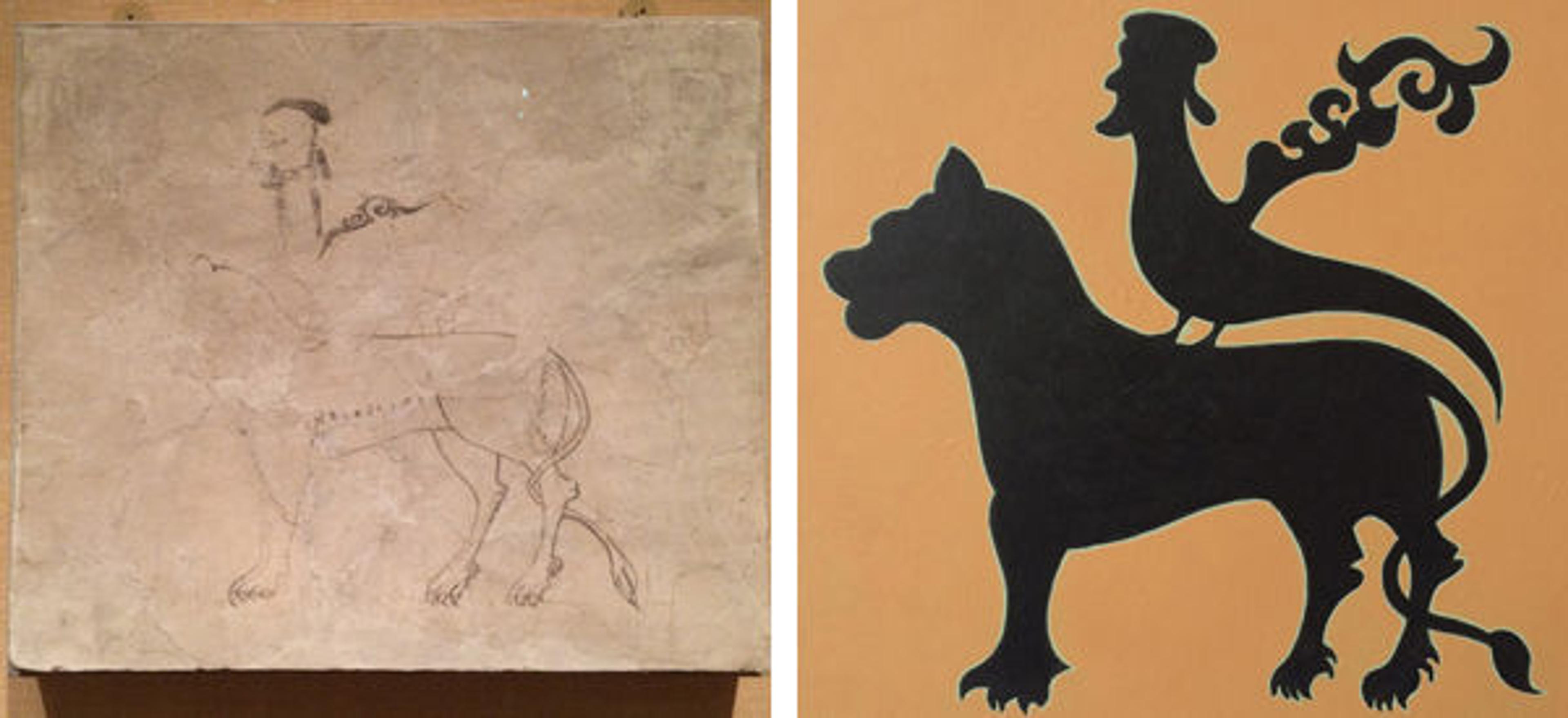 Panel with sketches of a man, a lion, and an arabesque; My Met (detail)