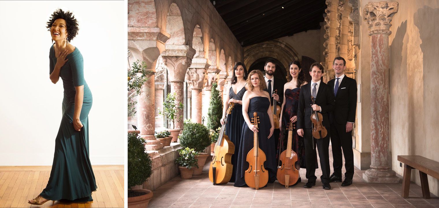 The six members of Sonnambula pose in one of the cloisters at The Met Cloisters holding their instruments (violins and viols)