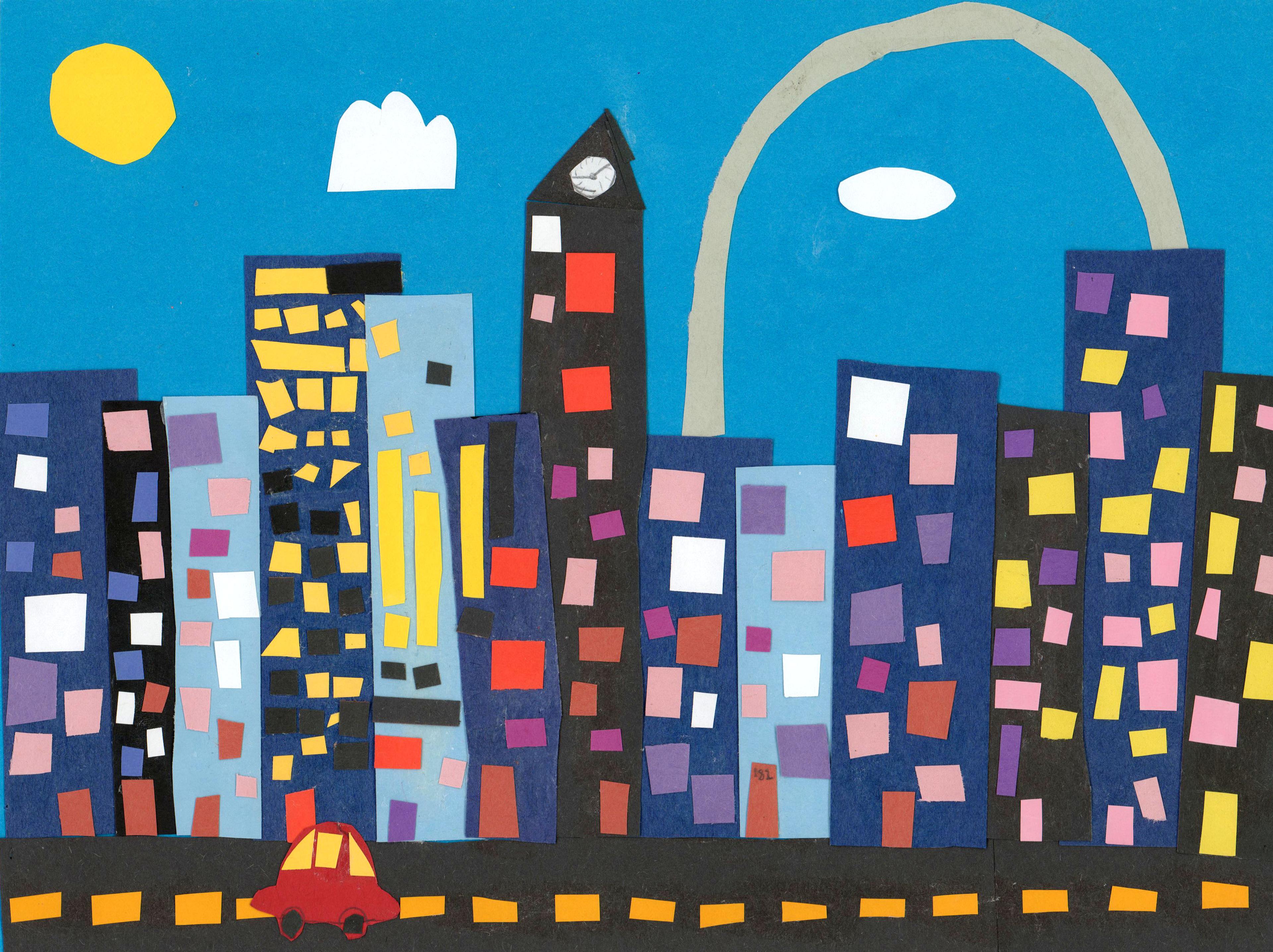 Collage of a colorful skyline of blue, black, and light blue skyscapers with lit yellow windows appears beneath a blue sky with two white clouds and a yellow sun near the top left corner. A large golden arch rises in the sky behind the tall buildings, resembling the Gateway Arch of Saint Louis, Missouri. A black road with yellow lane divider strips extends horizontally in front of the buildings at the bottom of the picture. A red car with yellow windows is shown on the road near the bottom left corner of the collage.