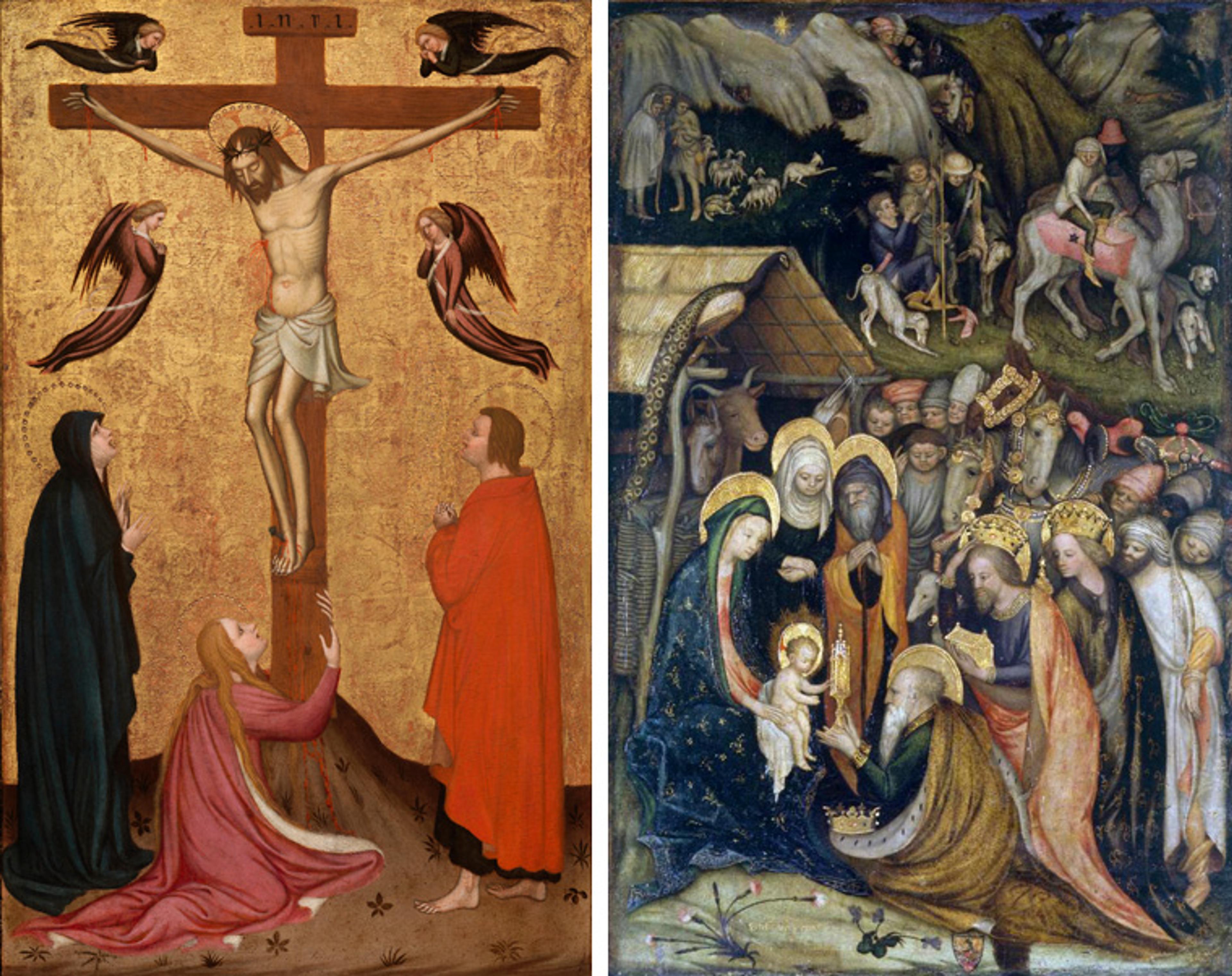 Two works by the Renaissance painter Stefano da Verona depicting biblical scenes: at left, a Crucifixion scene; at right, a scene of the Adoration of the Magi