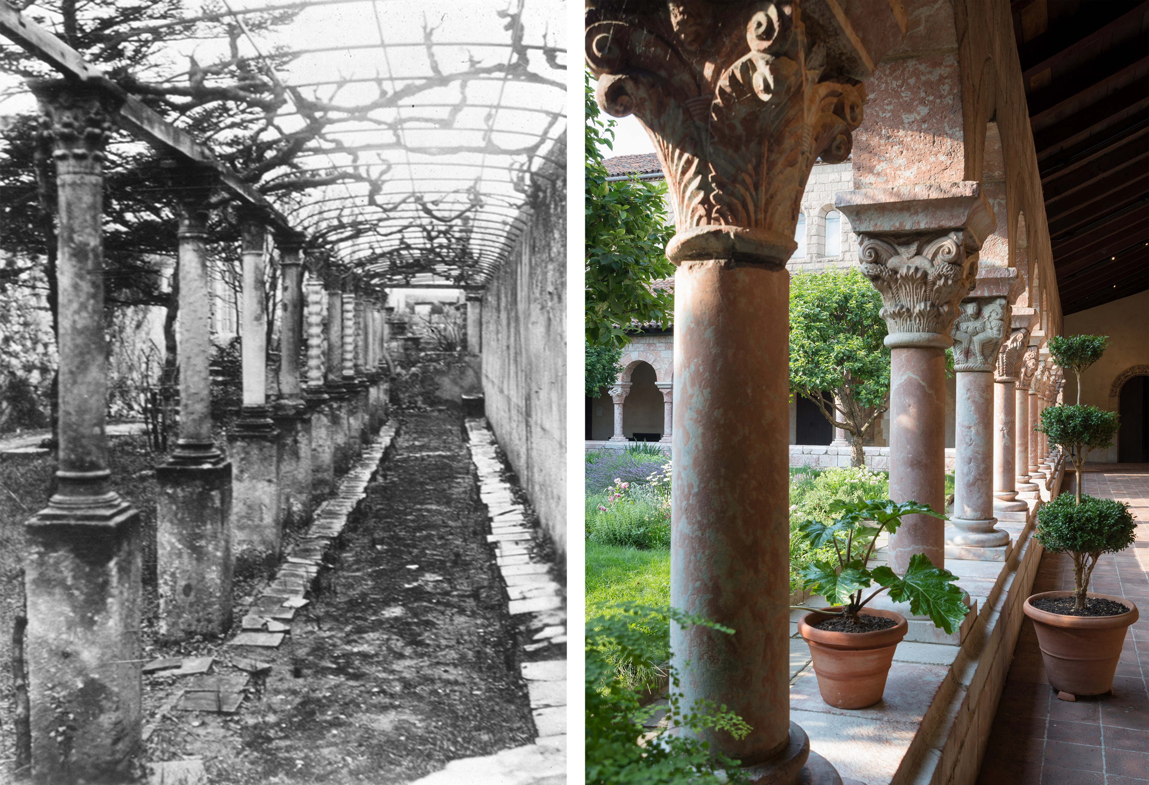 Historical and modern views of a colonnaded walkway of a cloister.