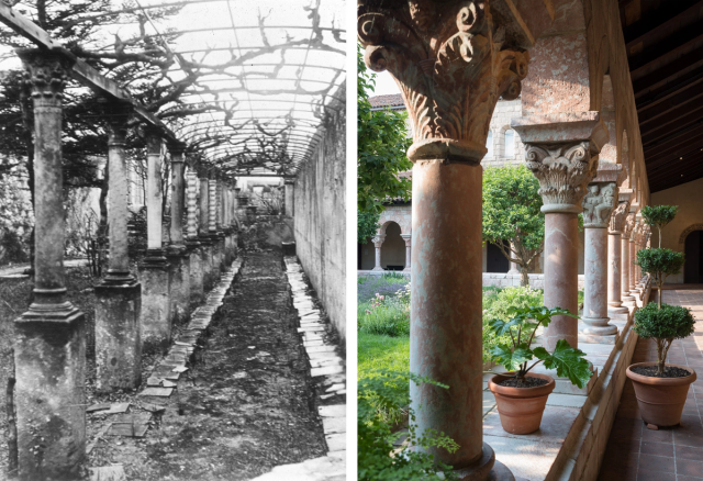 Historical and modern views of a colonnaded walkway of a cloister.