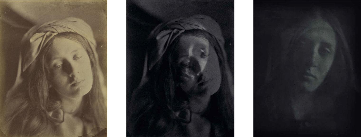 Composite image, left: sepia colored photo of person with eyes closed; middle: black and white photo of person with eyes closed in double exposure; right: grey and blue toned photograph of person looking down