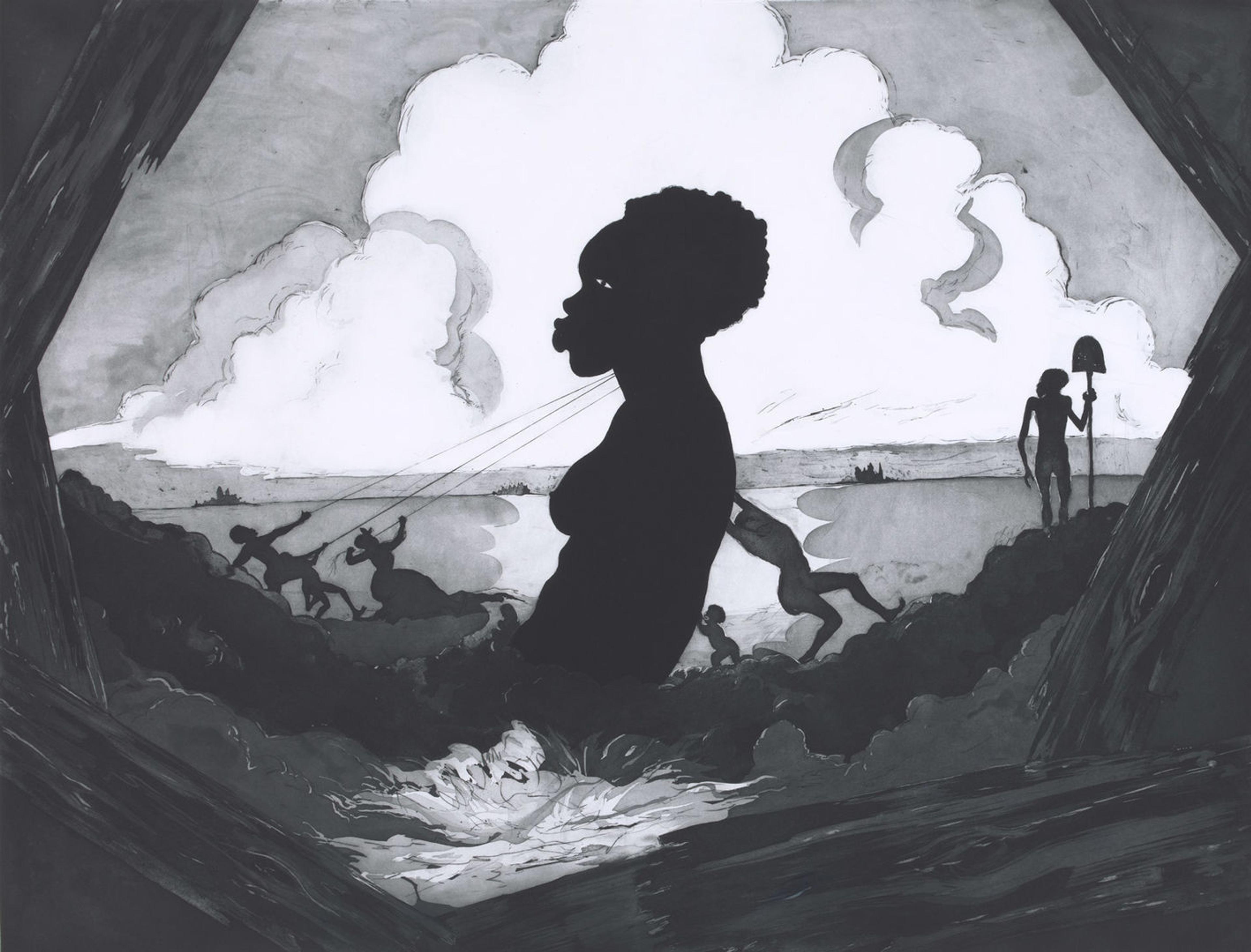 Center panel of a paper triptych by Kara Walker showing the erection of a large statue of a woman