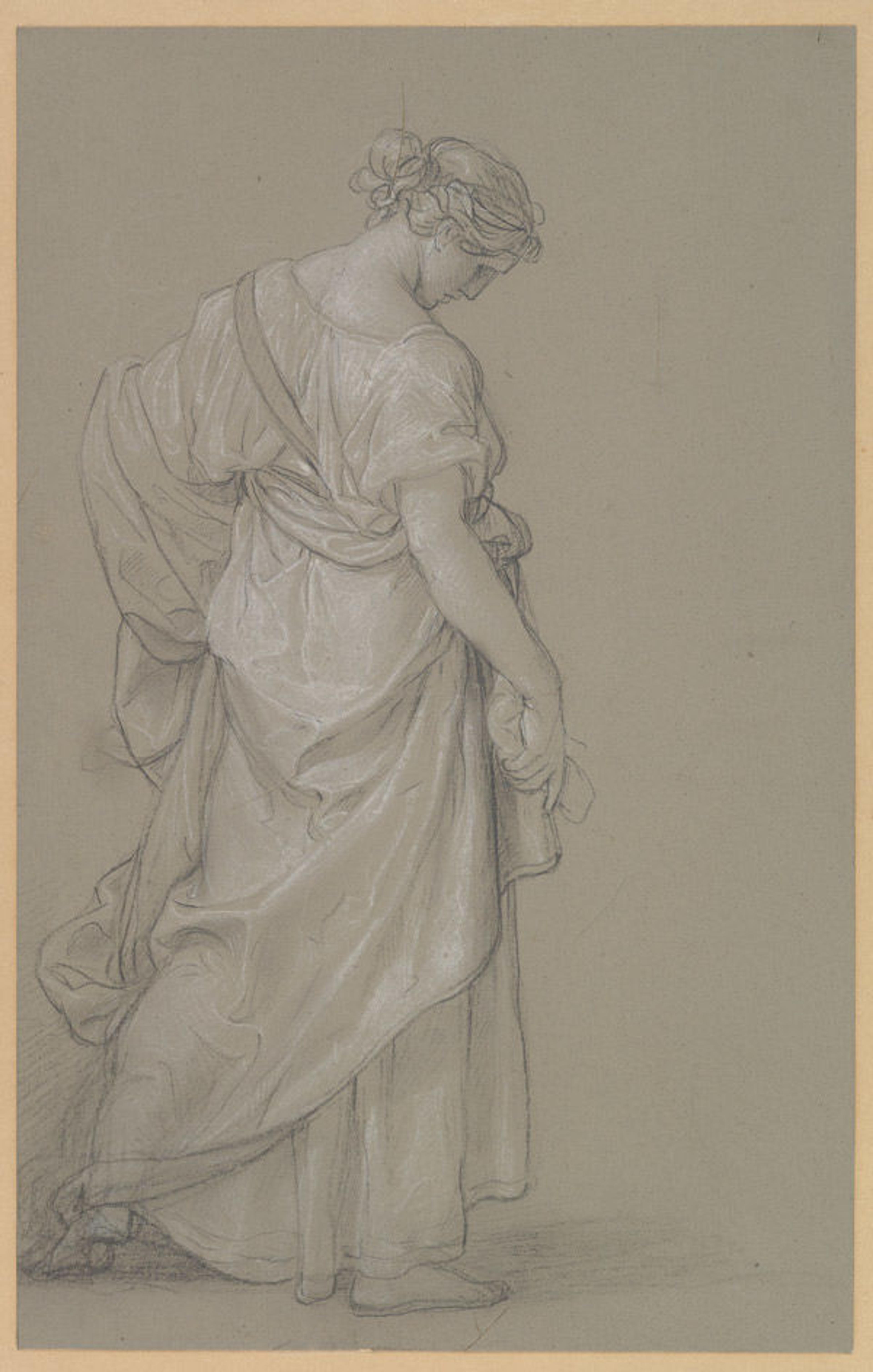 Angelica Kauffmann (Swiss, 1741–1807). Study of a Standing Woman, 1792–96(?). Black chalk, heightened with white chalk, on gray-blue prepared paper; Sheet: 15 5/16 x 9 3/4 in. (38.9 x 24.7 cm). The Metropolitan Museum of Art, New York, Purchase, Brooke Russell Astor Bequest, 2013 (2013.64)