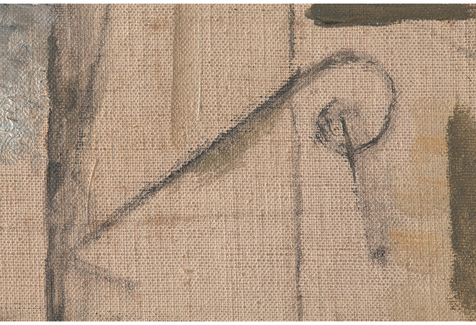 Small staff-shaped detail of “Bottle of Marc Vieux” showing the charcoal used within the paint layer