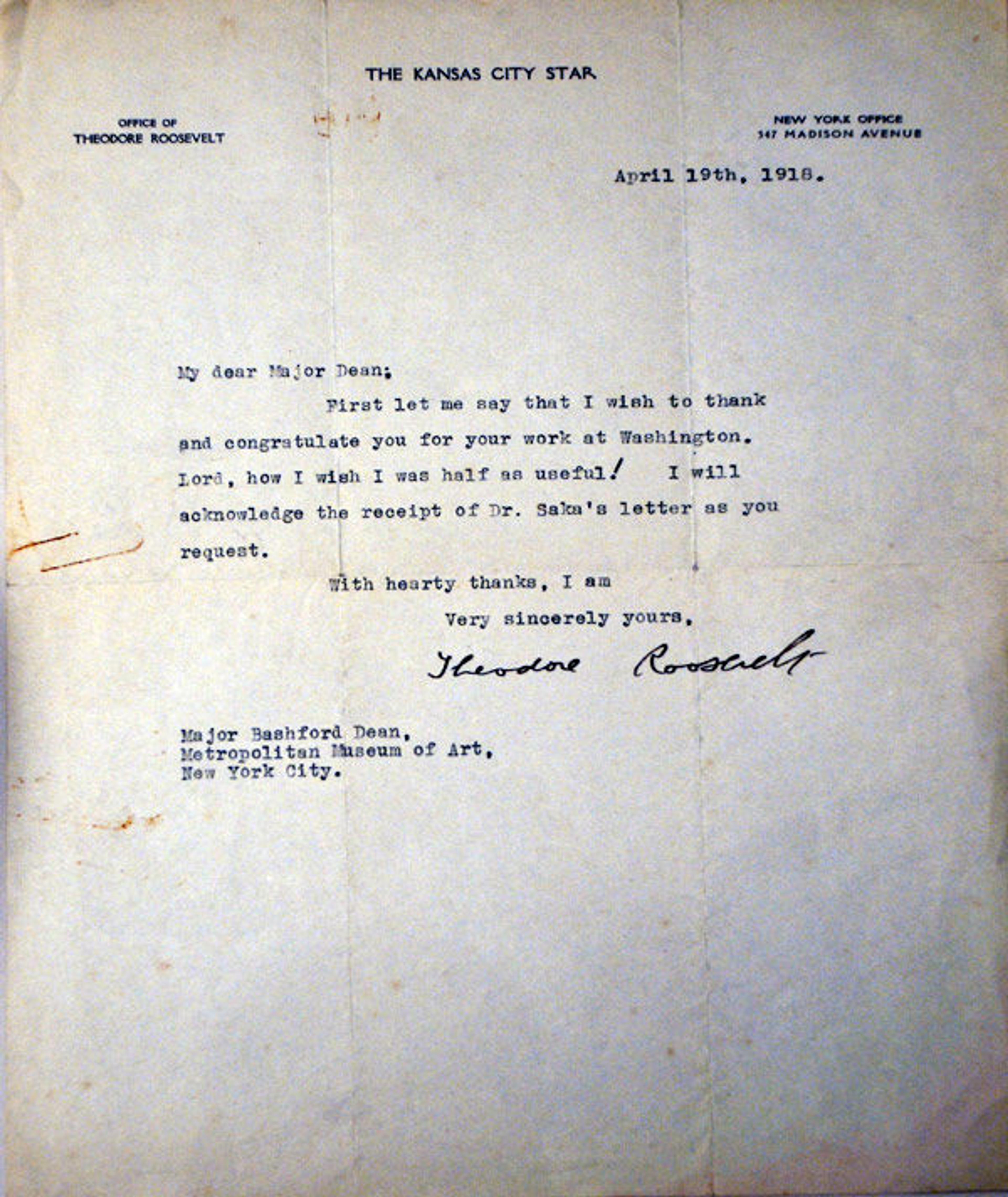 Letter from Theodore Roosevelt to Bashford Dean