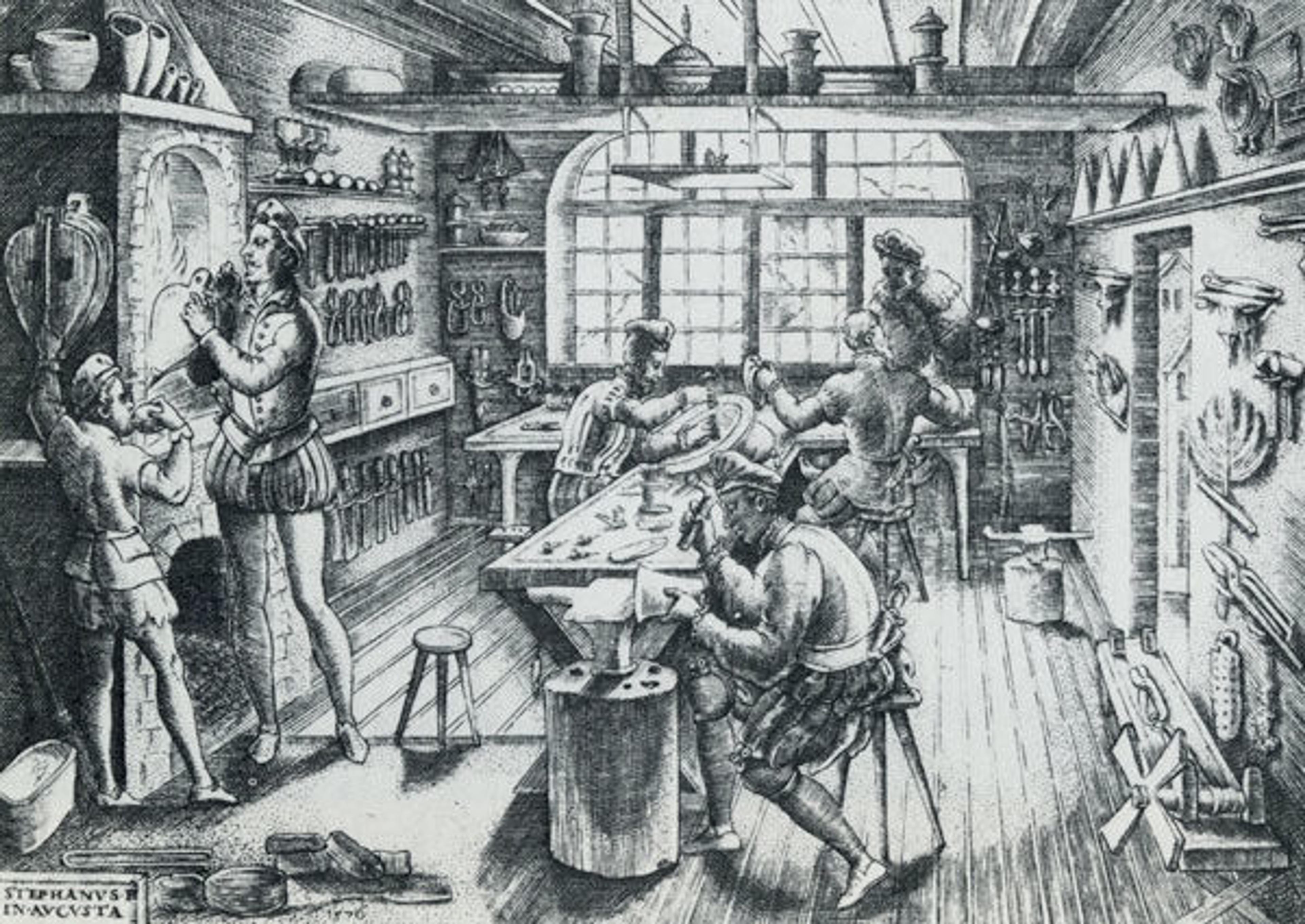 Engraving by Éttienne Delaune (1518–1583) of a goldsmith's workshop in Augsburg, Germany, 1576. From John F. Hayward, Virtuoso Goldsmiths and the Triumph of Mannerism, 1540–1620 (London: Sotheby Parke Bernet Publications, 1976), plate 3.