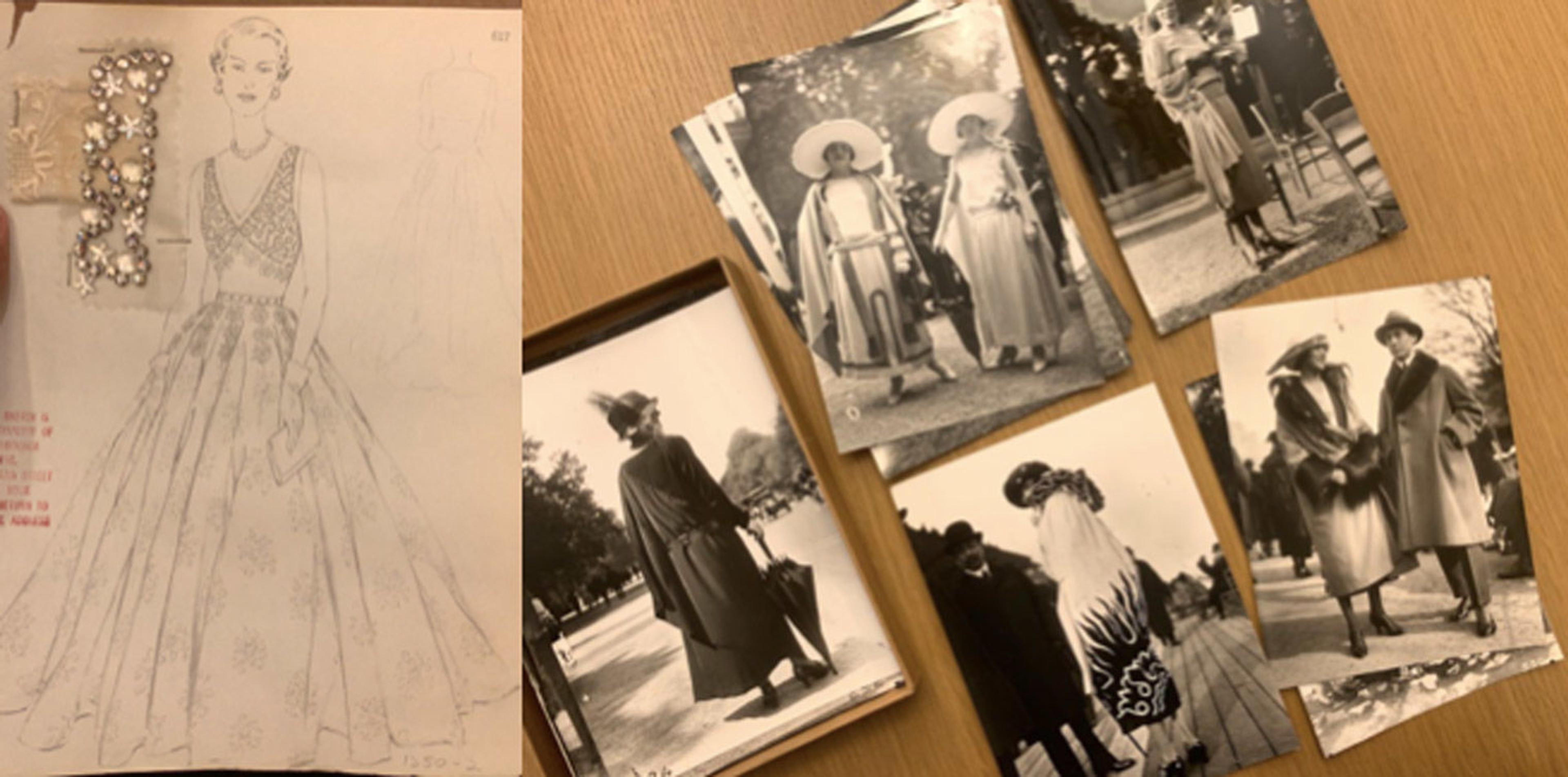 Left: fashion sketch of a dress with sample jewelry; Right: black and white photographs of street fashion