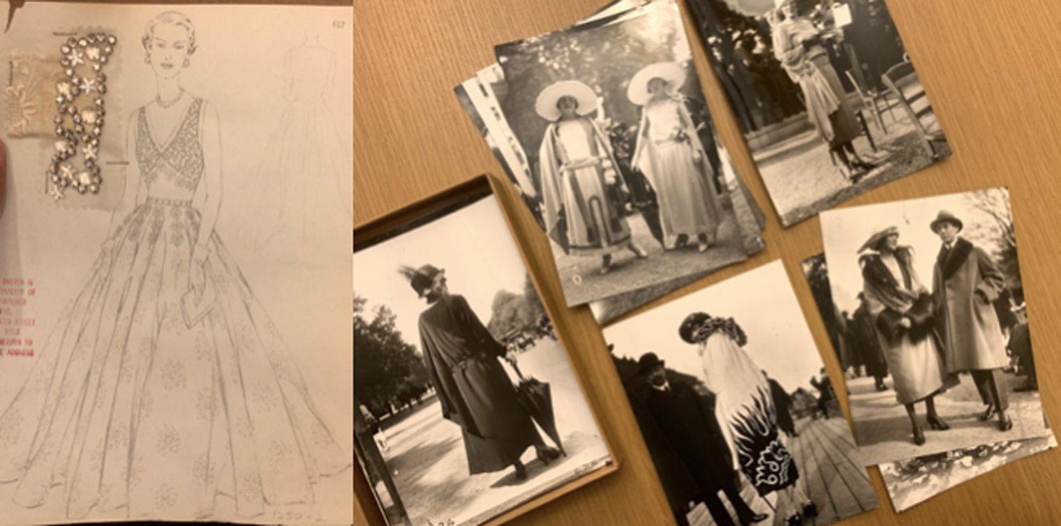 Left: fashion sketch of a dress with sample jewelry; Right: black and white photographs of street fashion