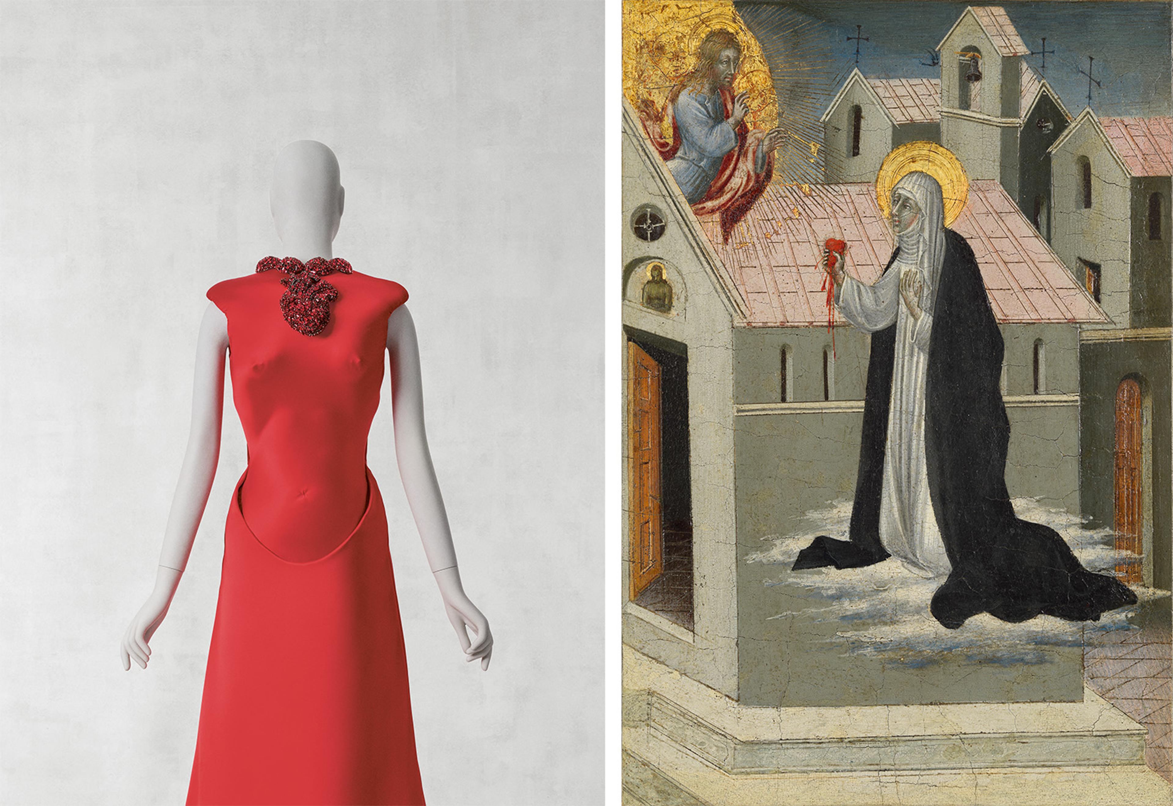 Left: Red dress on a mannequin with a beaded collar, minimalist and modern. Right: Medieval painting of a haloed figure in prayer,