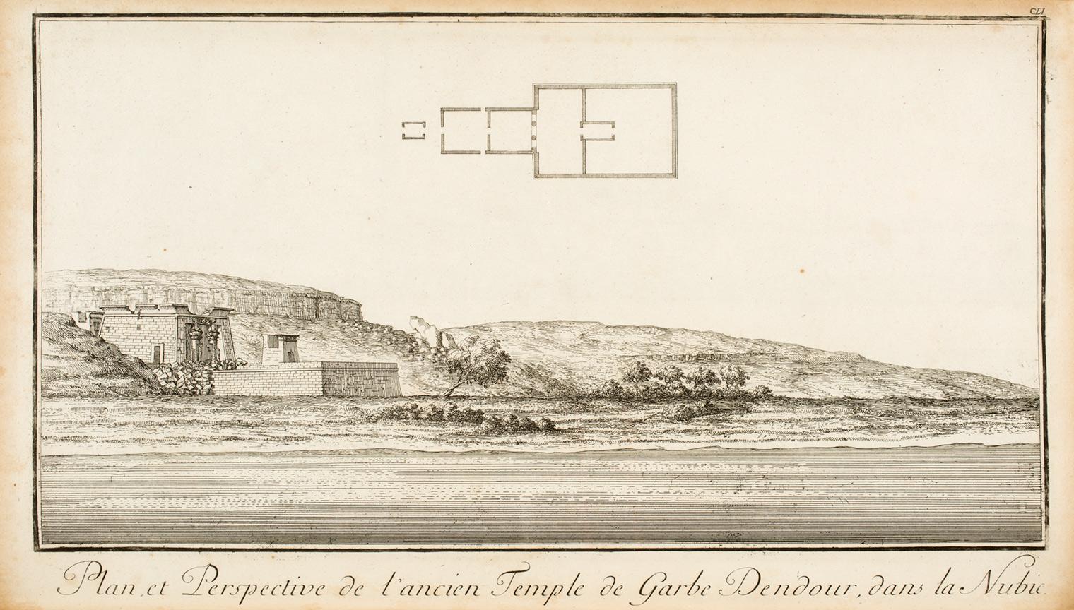 Plan and perspective drawing of the ancient temple of West Dendur in Nubia