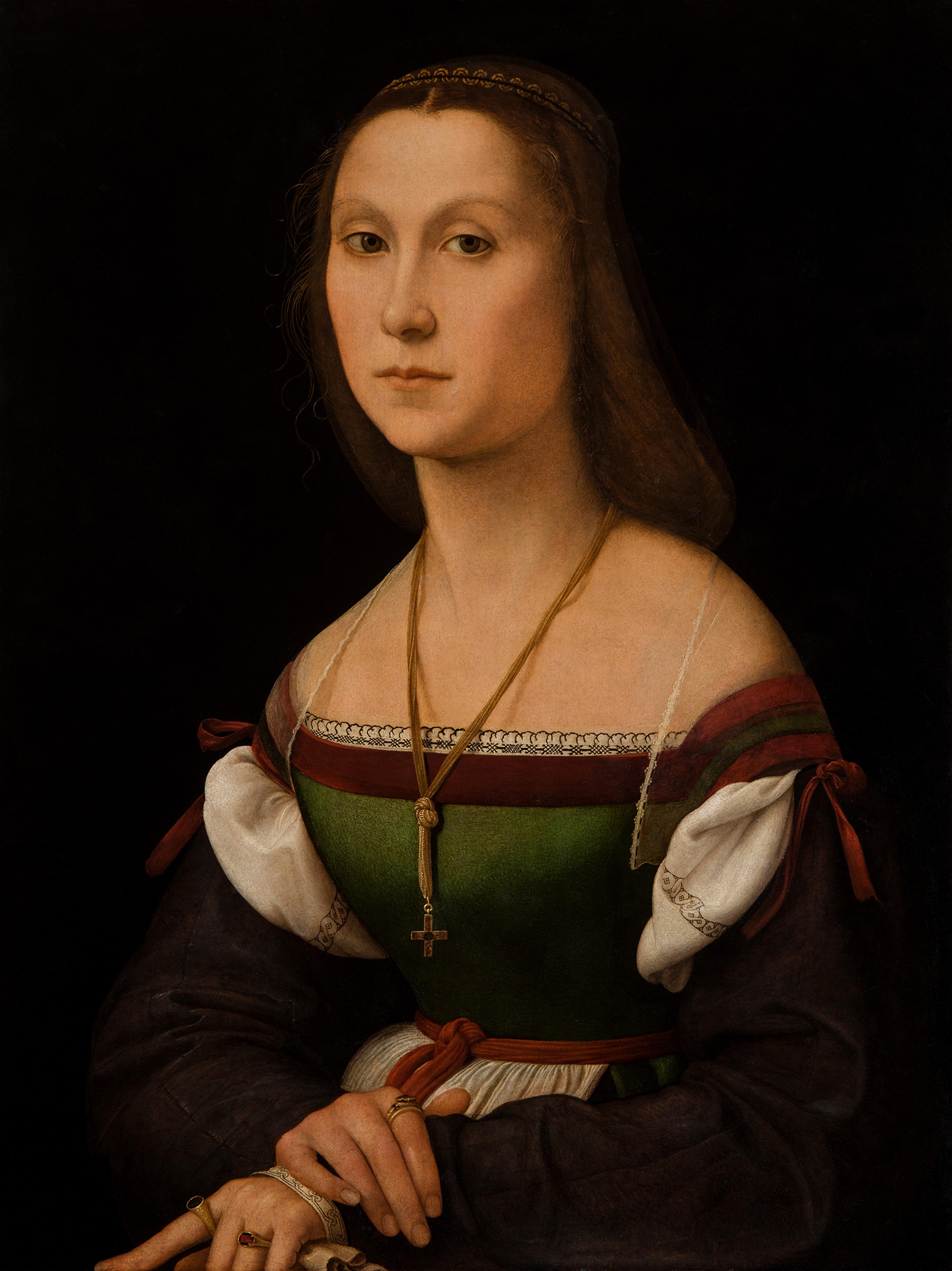 Painting of woman wearing a green dress, a brown necklace with her hands over her lap. 