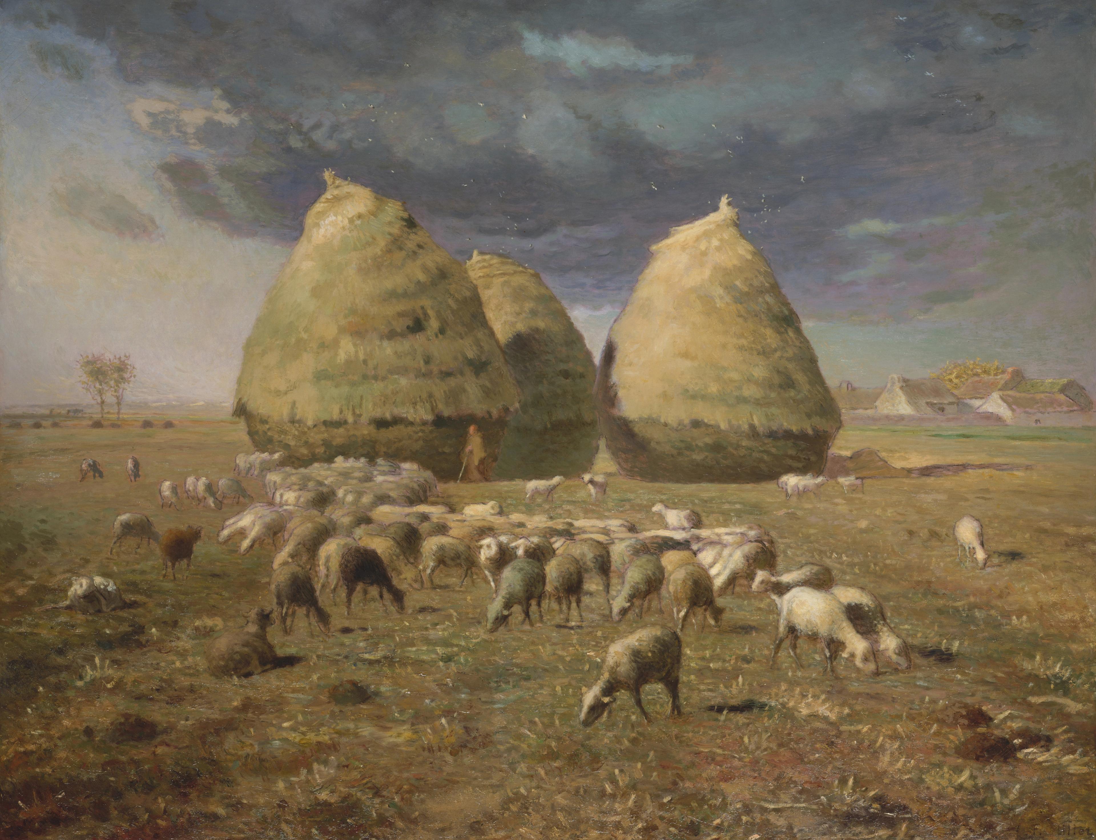 A painting of three conical haystacks set against a dramatic sky with sheep grazing in the foreground.