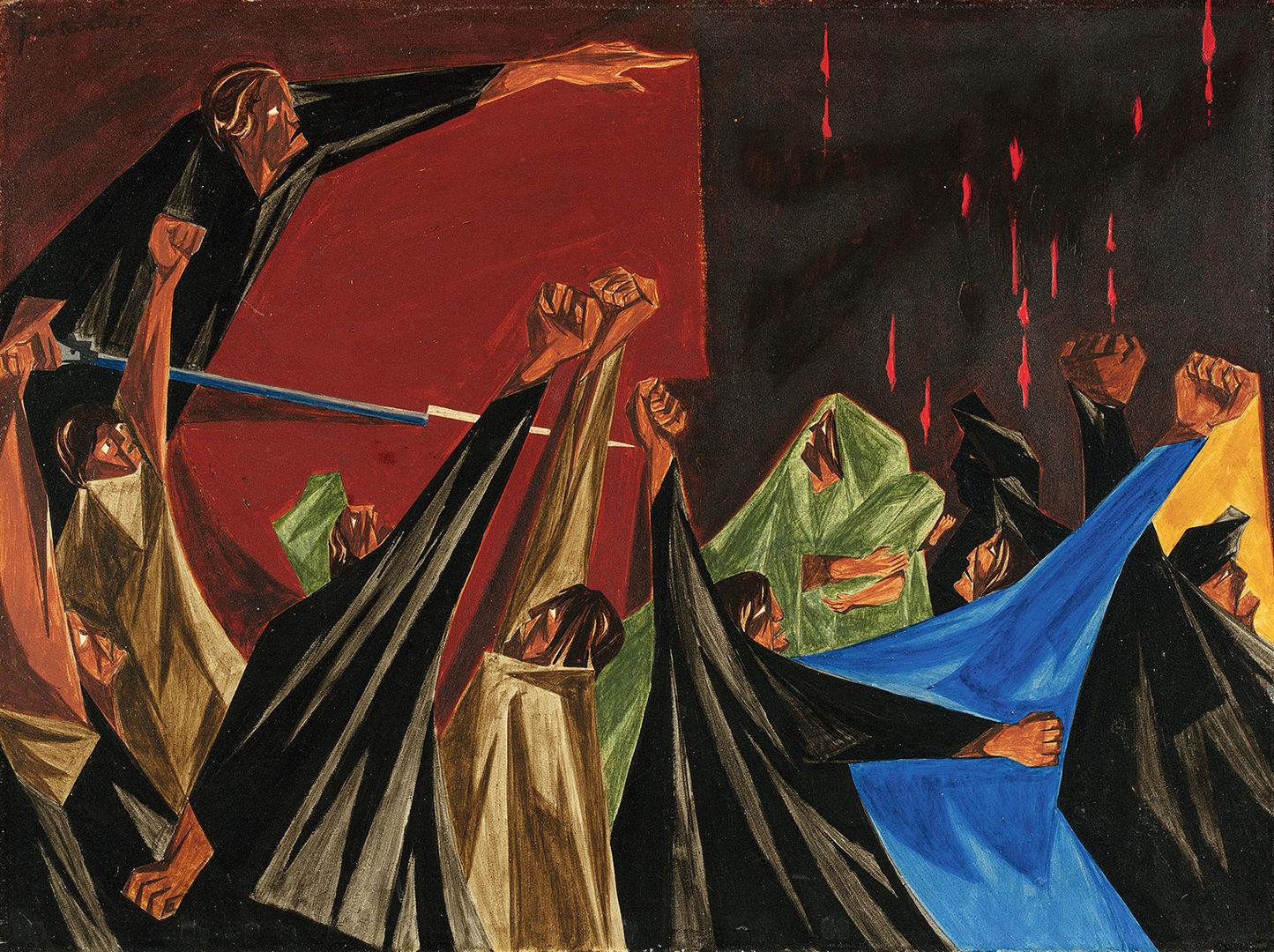 A painting of a crowd raising their fists