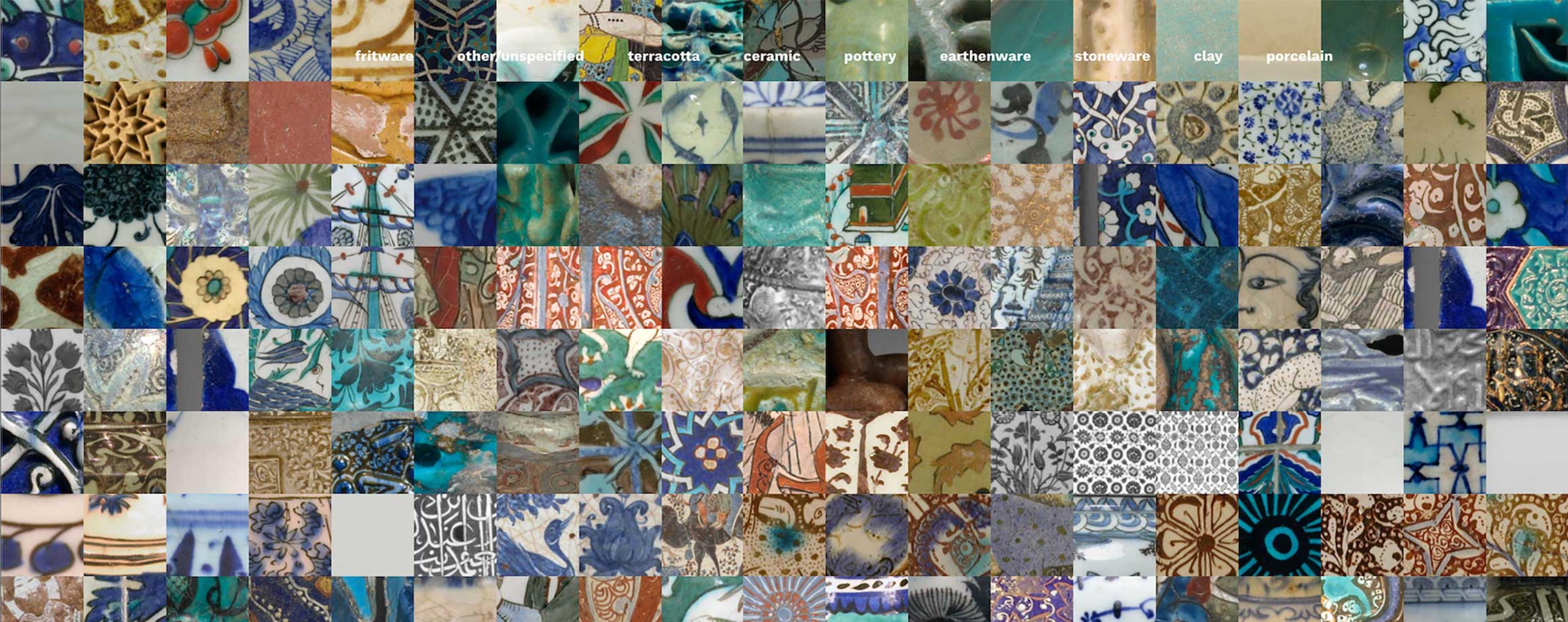 A colorful grid of close-up images of the surfaces of various ceramics, grouped by material.