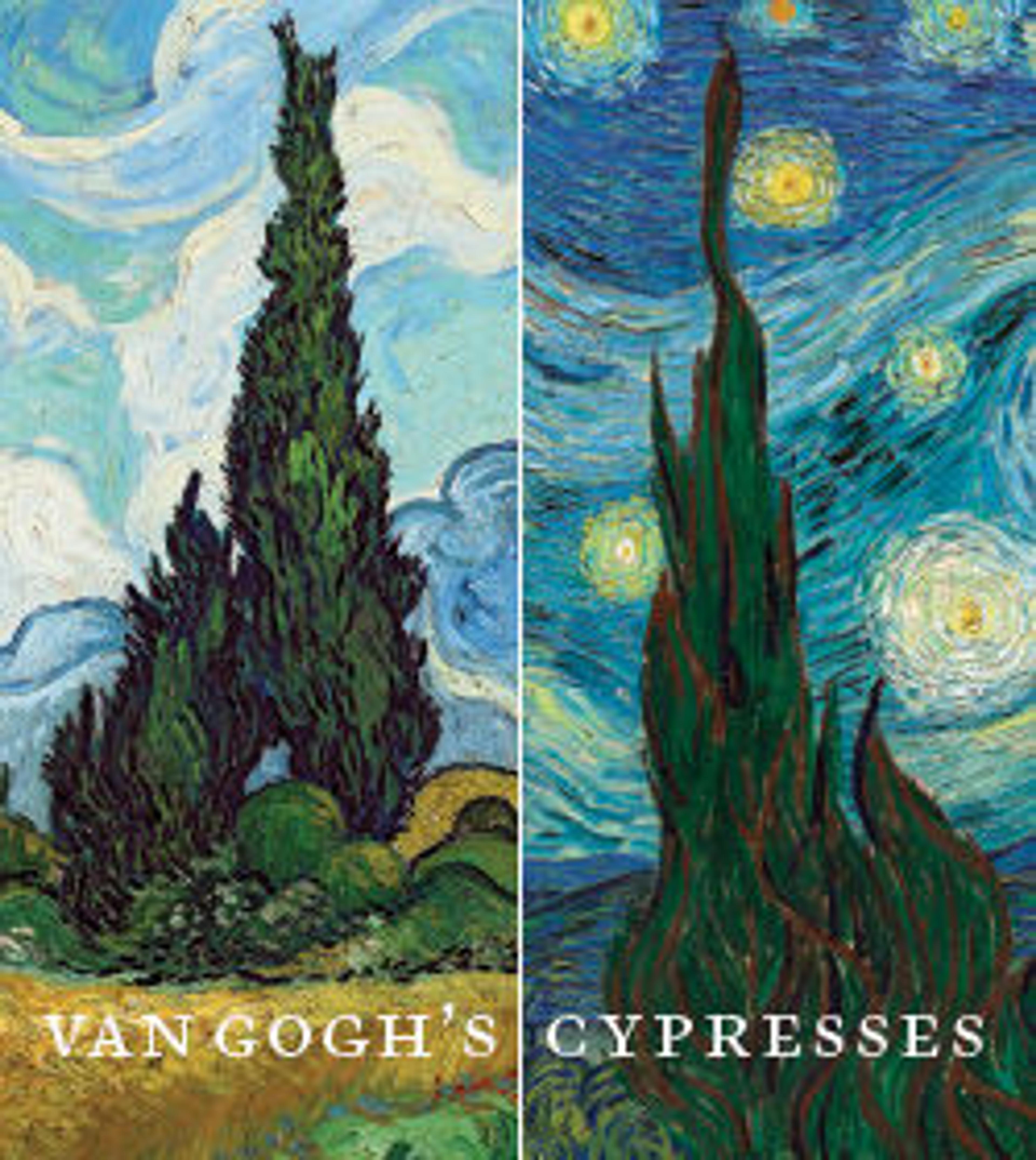 two side-by-side paintings of cypress trees, one against a cloudy daytime sky, the other against a starry nighttime sky