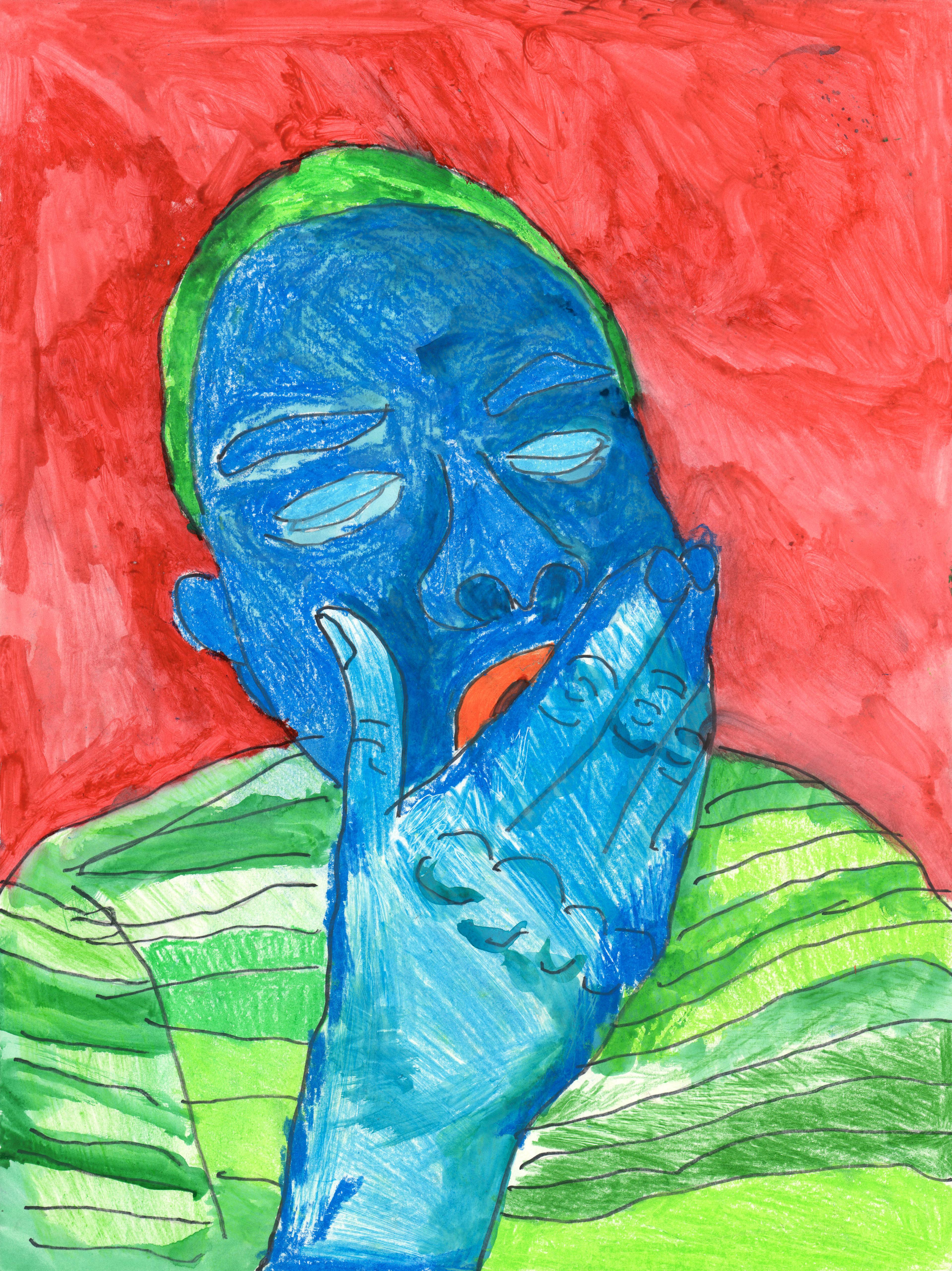 Self-portrait of an adolescent boy with blue skin, short green hair, and a green shirt with horizontal stripes created with colored pencil, oil pastel, and watercolor. The boy is yawning and covering his open red mouth with his right hand. His eyes are closed, and the background is a bold red. Thin black strokes outline the subject of this painting.