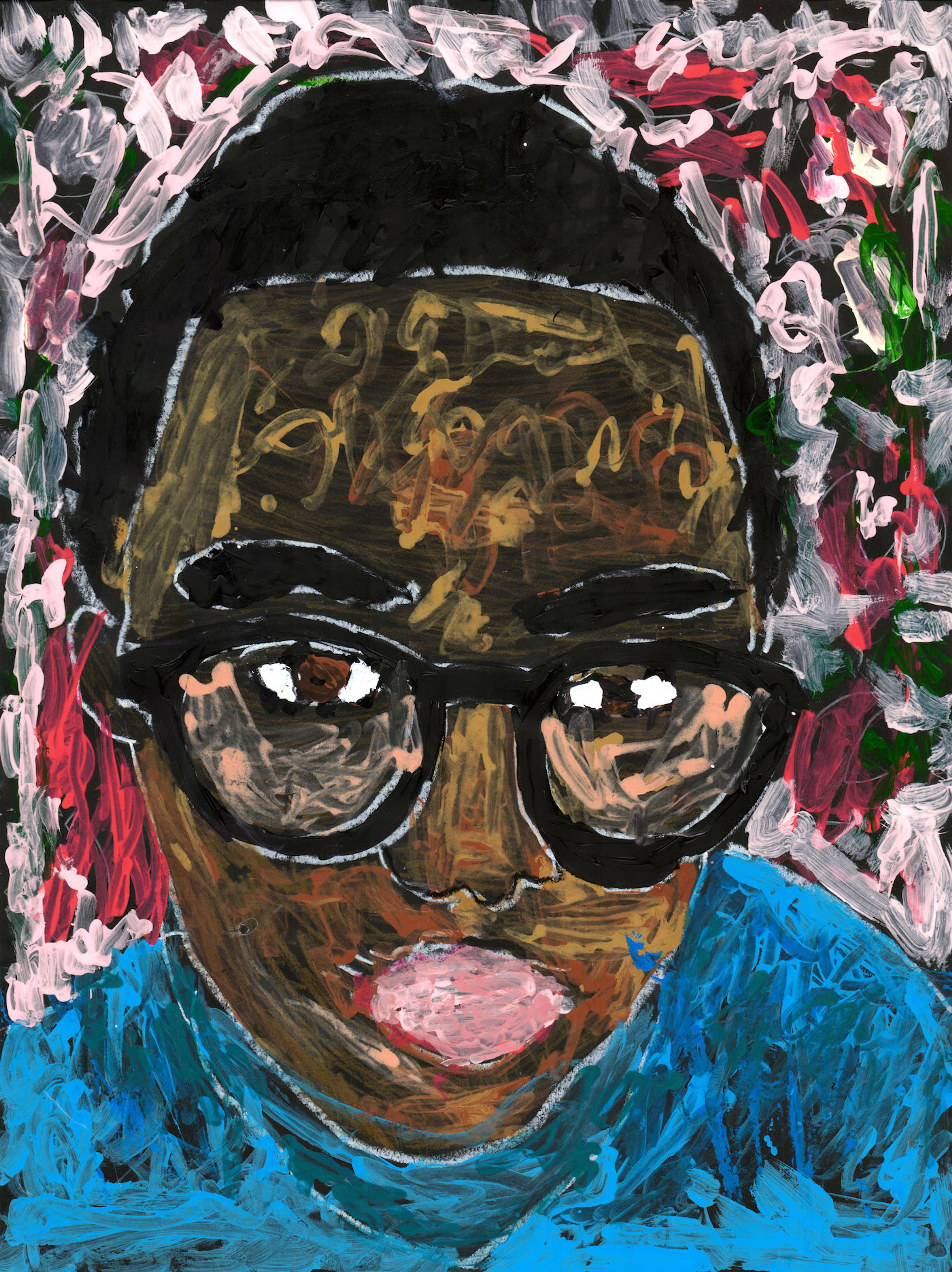 Paint and paper abstract impressionist self portrait of a Black adolescent male. He is shown facing the viewer and wearing black framed glasses and a bright blue shirt. He has short cropped black hair, and the almost fully obscured black background is covered in short strokes of white, red, and occasional daubs of green.