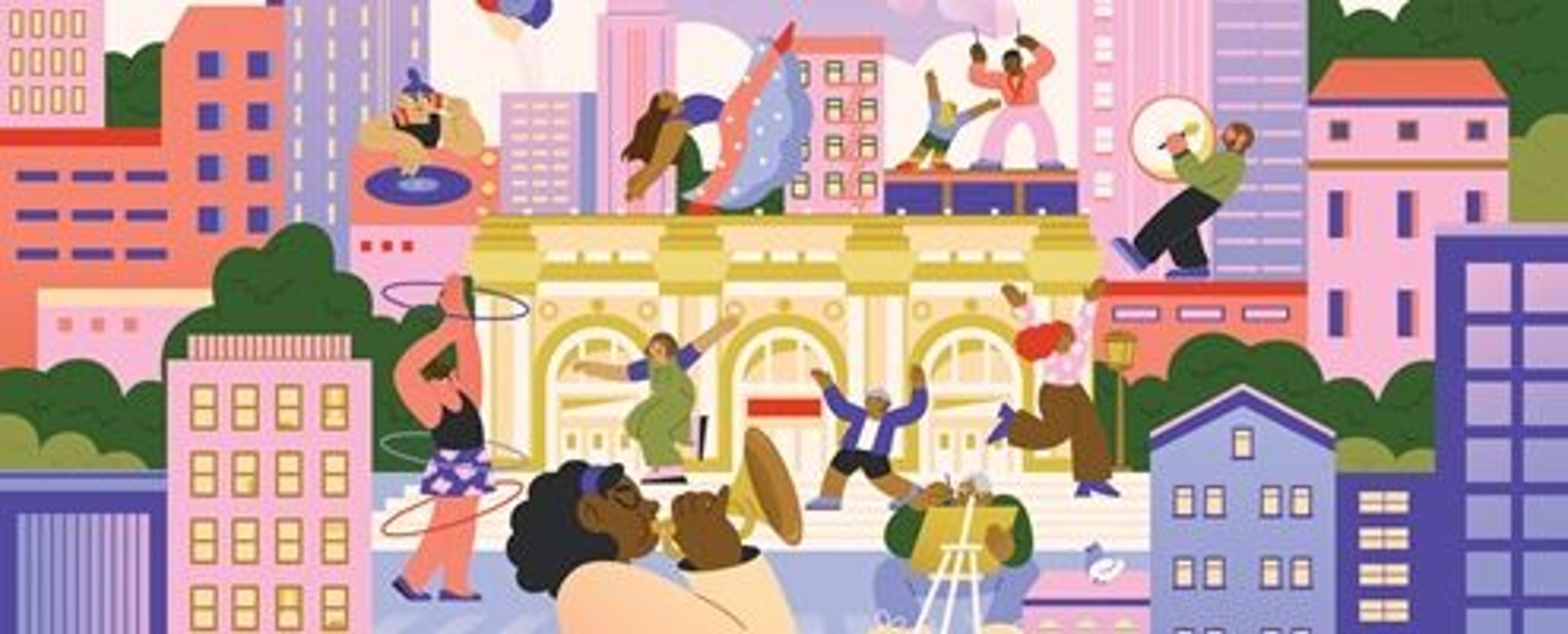 A cartoon of cityscapes surrounding a rectangular museum with children playing games and instruments