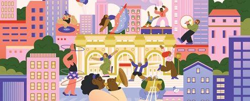 A cartoon of cityscapes surrounding a rectangular museum with children playing games and instruments