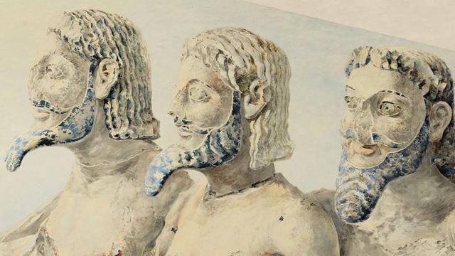 A watercolor depicting three men in profile, each with a long, bluish beard