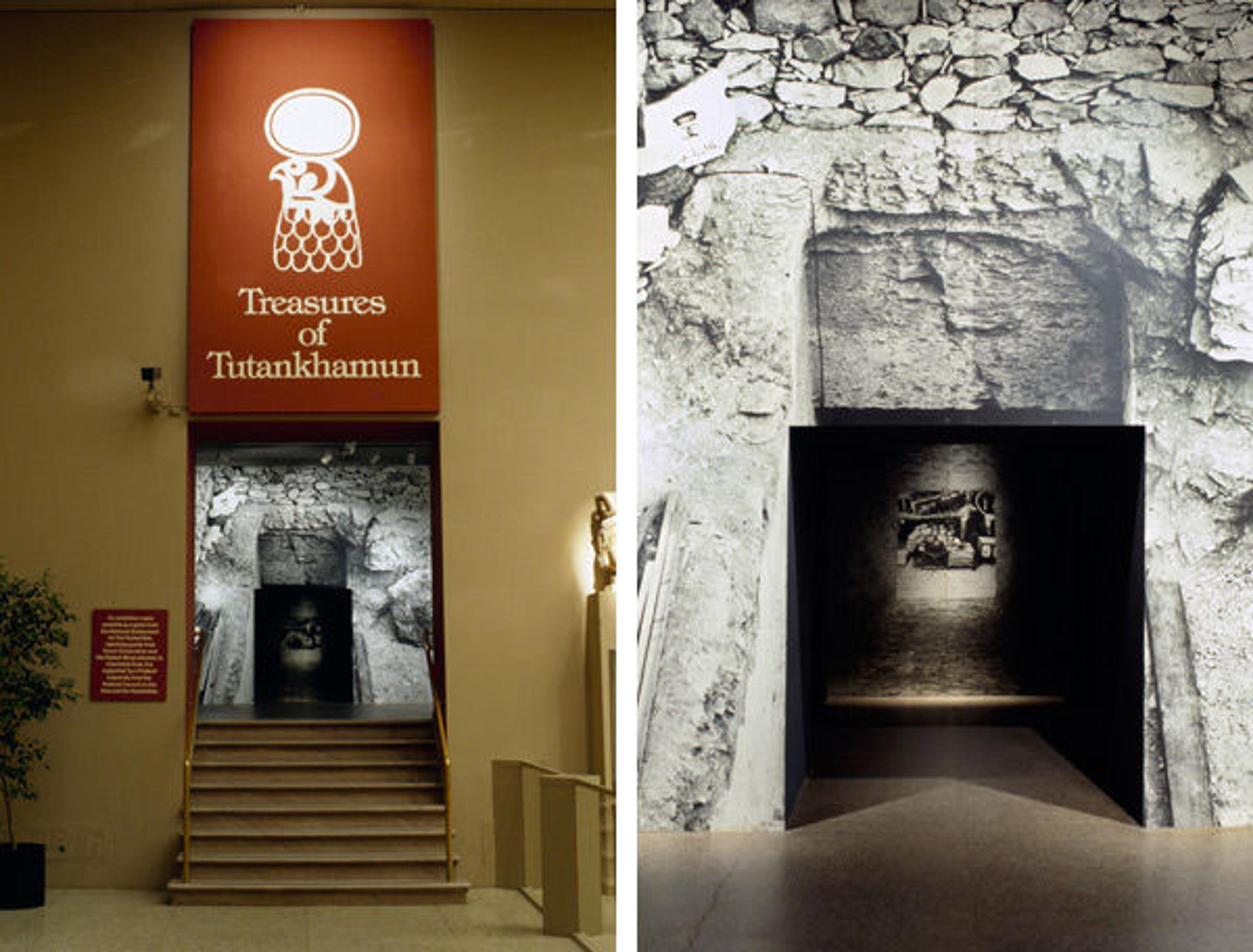 Left: View of the entrance to the exhibition Treasures of Tutankhamun, on view December 20, 1978–April 15, 1979. Photo by Al Mozell. © The Metropolitan Museum of Art. Right: Photo mural of the entrance to the tomb featured in the exhibition Treasures of Tutankhamun. Photo by Al Mozell. © The Metropolitan Museum of Art