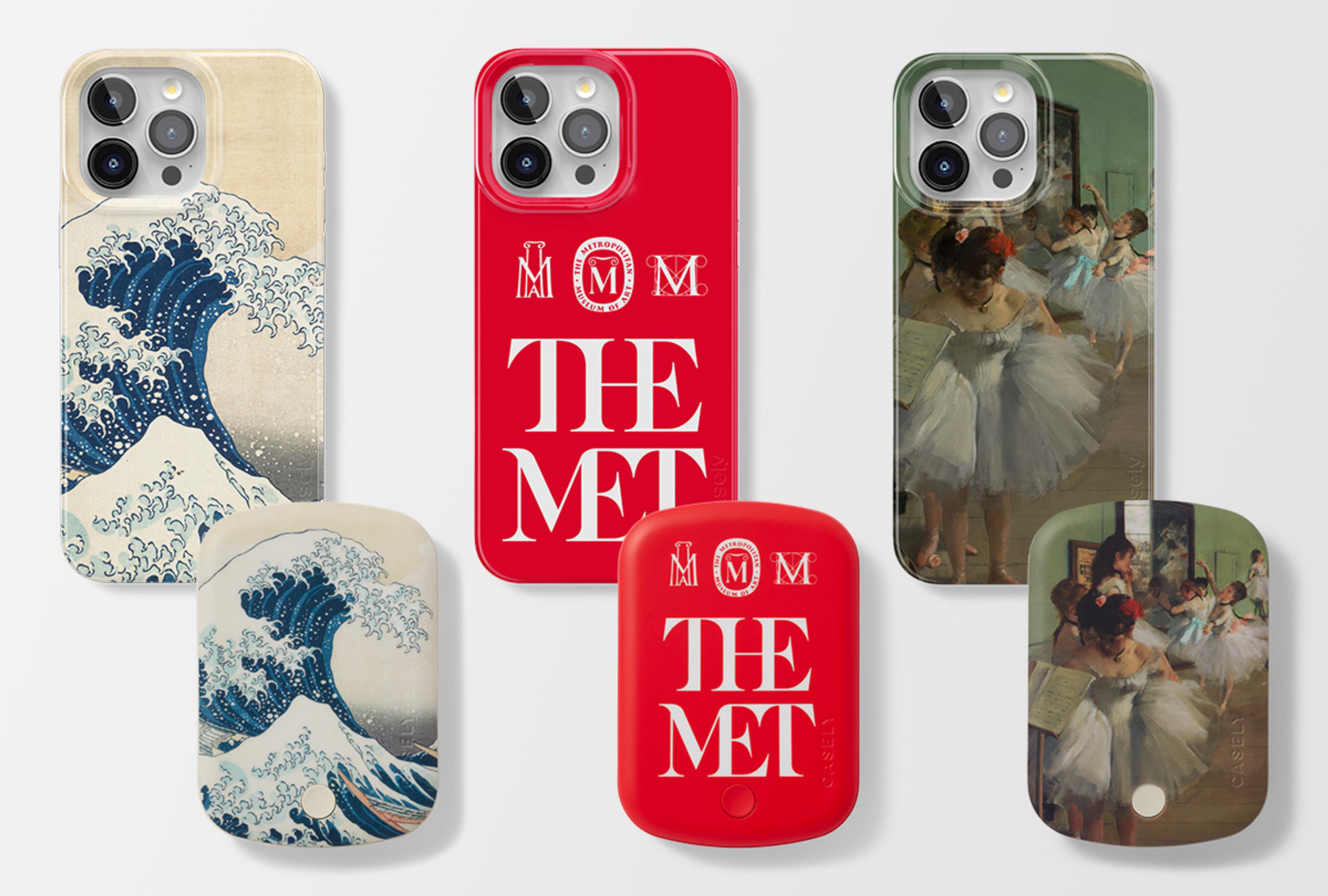 Three phone cases and power pods featuring "The Great Wave" The Met Logo and a painting by Edgar Degas of ballerinas.