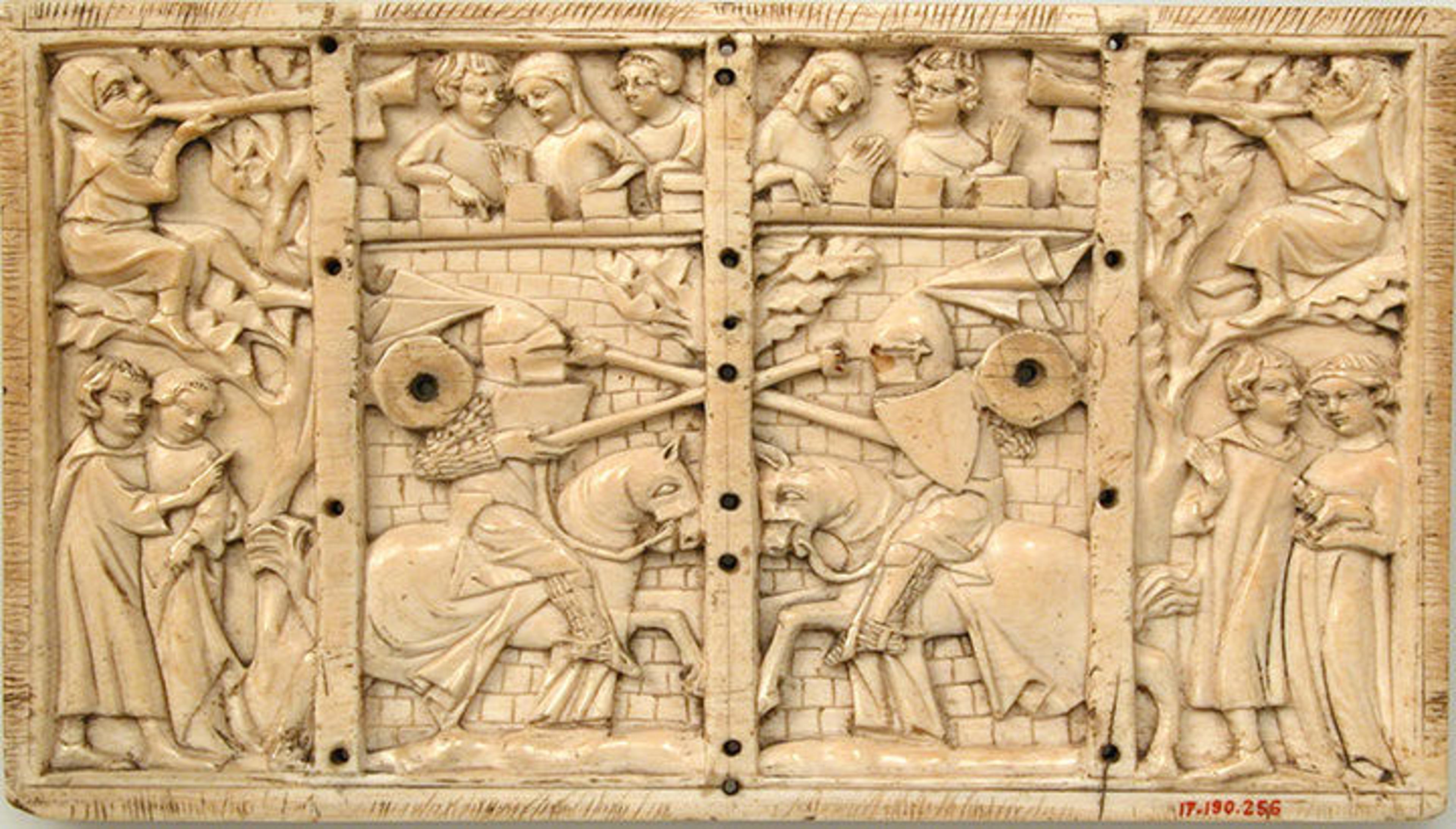 Ivory plaque carved with scenes of a jousting tournament