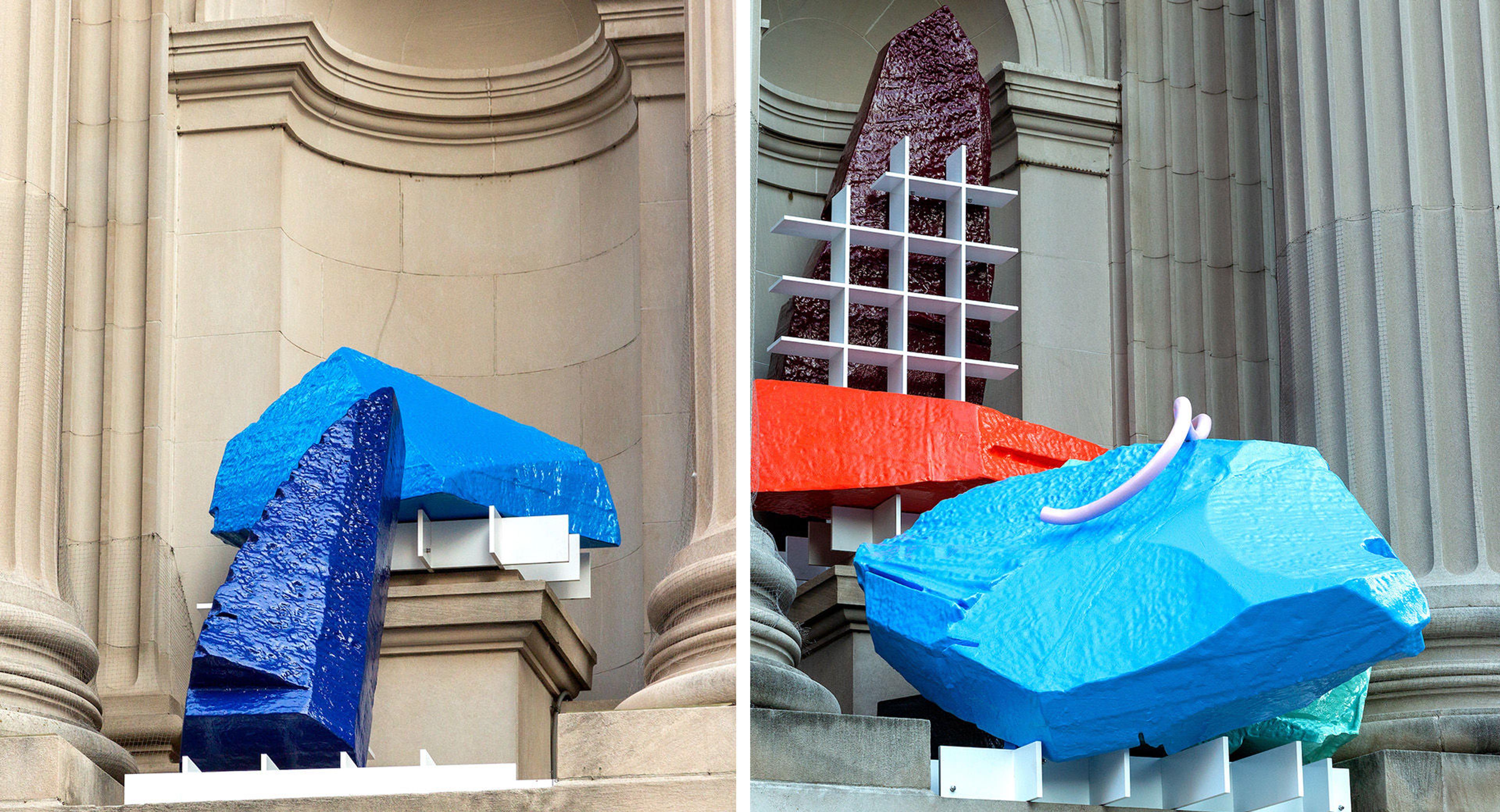 Two images of abstract art of color like blue, red navy blue and white.