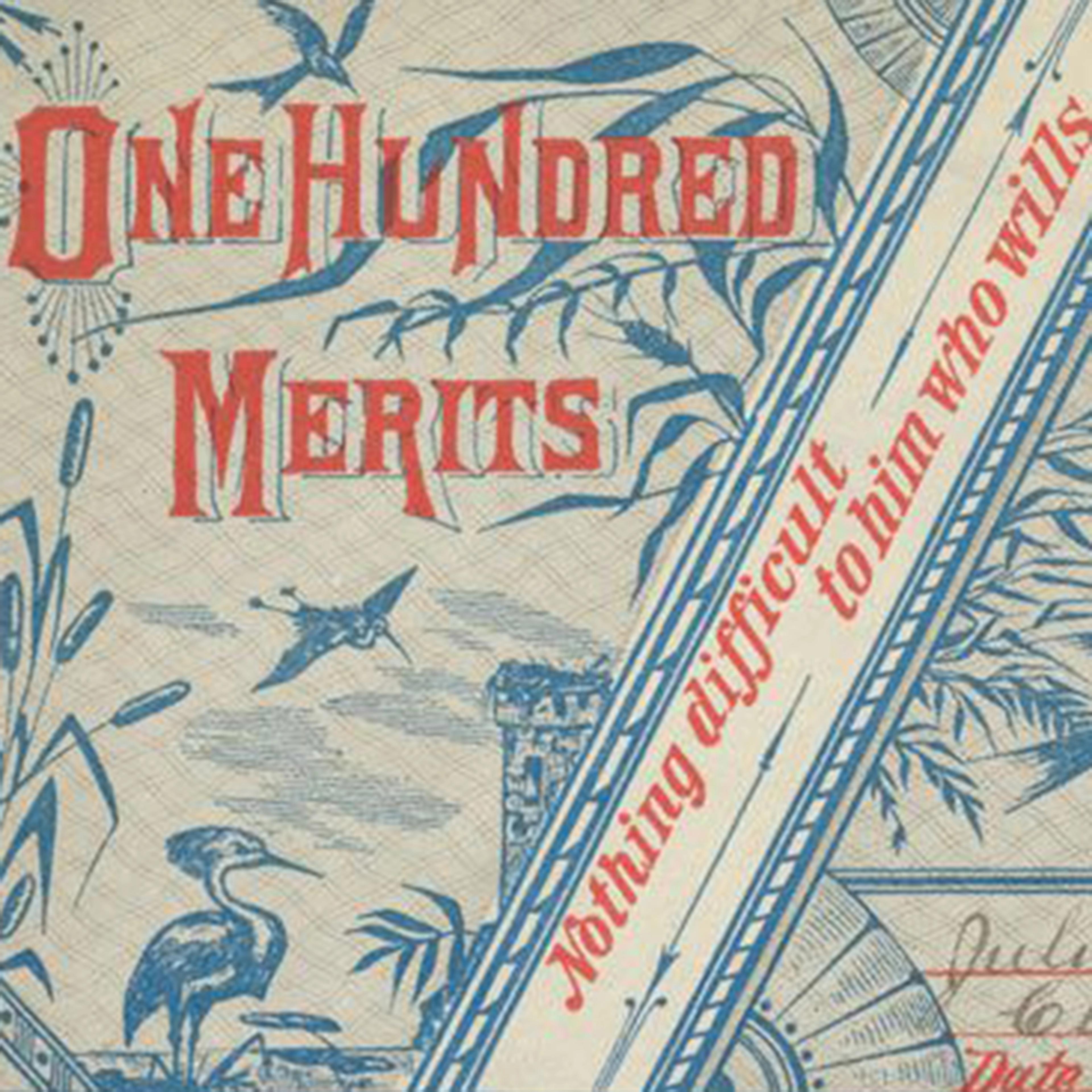 White, blue, and red merit card from a teacher to a student
