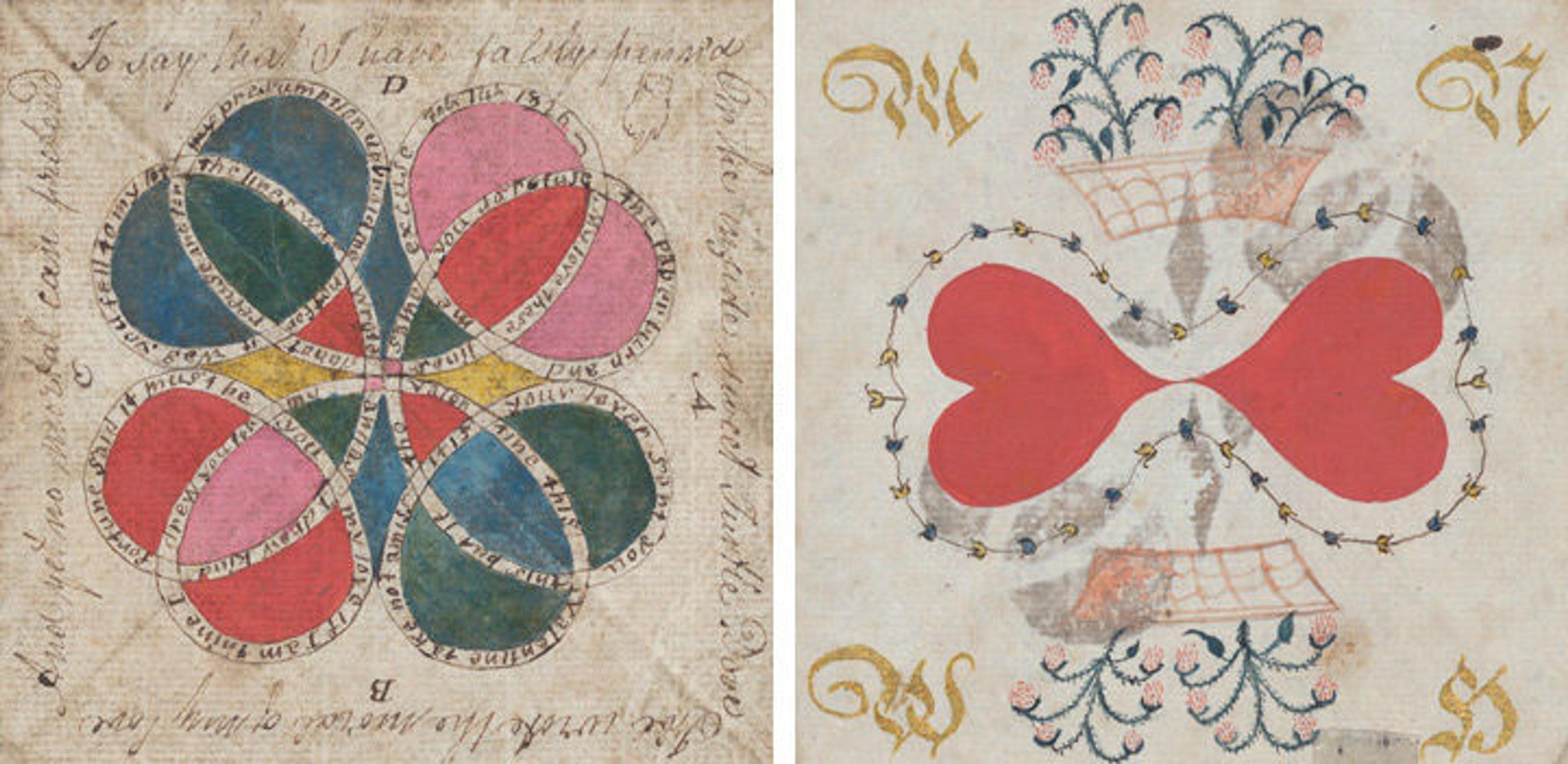 Detail view of two panels from a 19th-century puzzle purse: one with a colorful floral motif and the other showing two hearts and an elaborate pattern