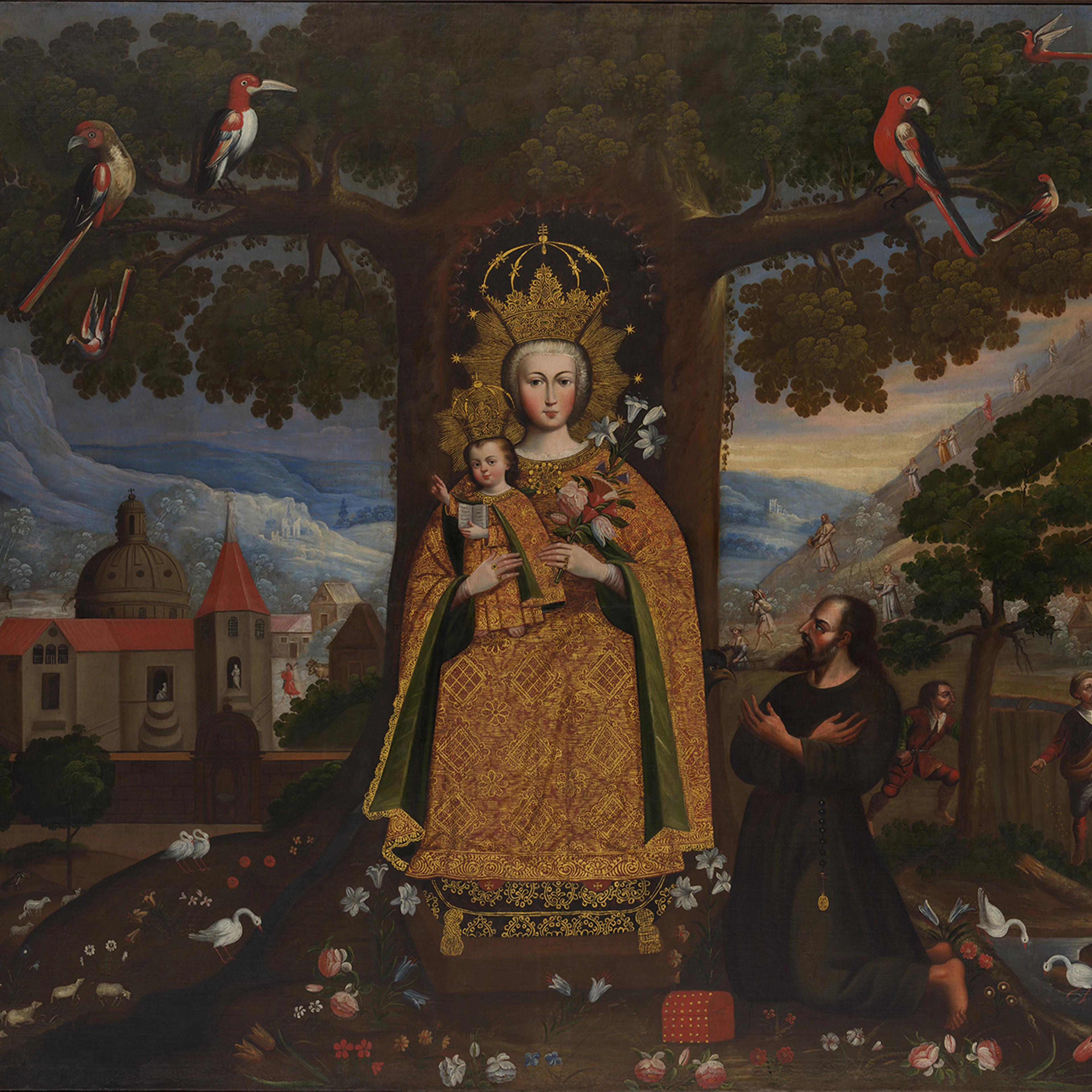 Image of a regal woman in all gold holding a small child in all gold. A man in a monk's garb is on his knees below them. There are mountain and a church in the background. There is one tree behind them and animals and flowers surrounding. 