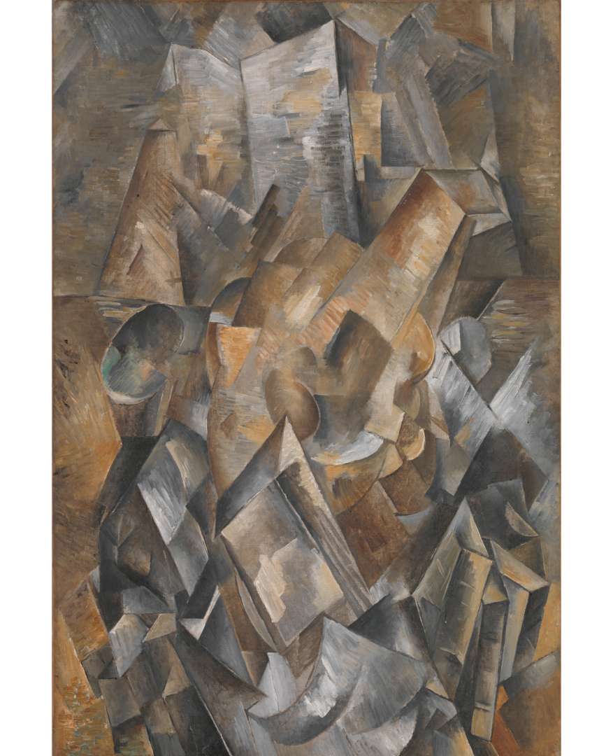 Cubist painting of a metronome in tones of gray and brown