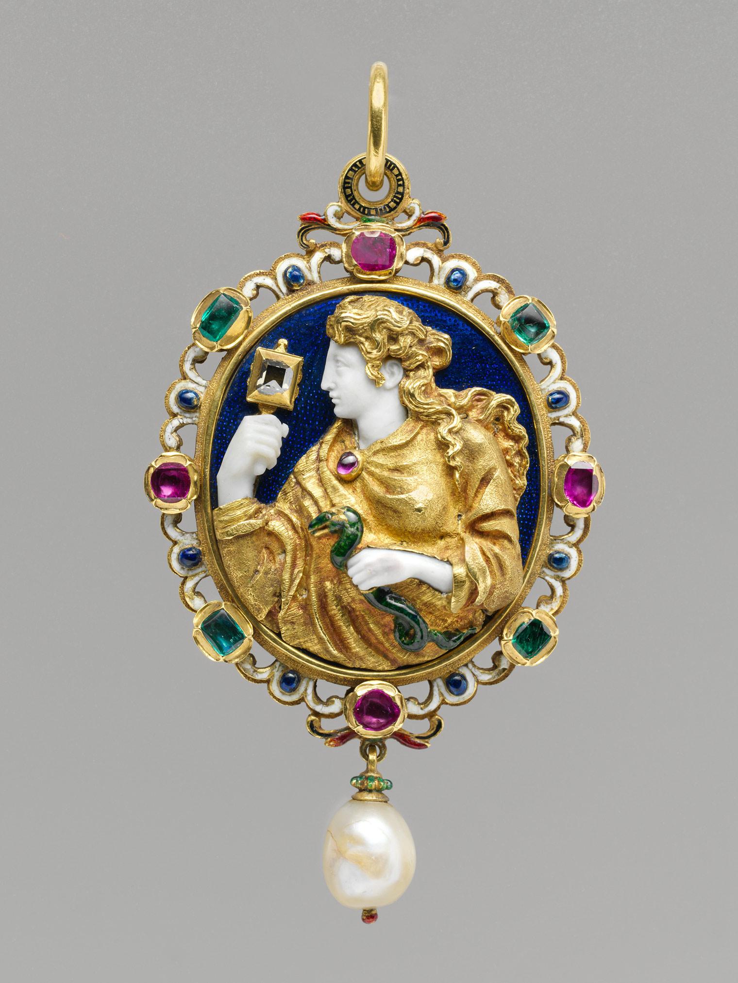 Gold pendant with figure of Prudence, accented with purple, green, and blue gemstones