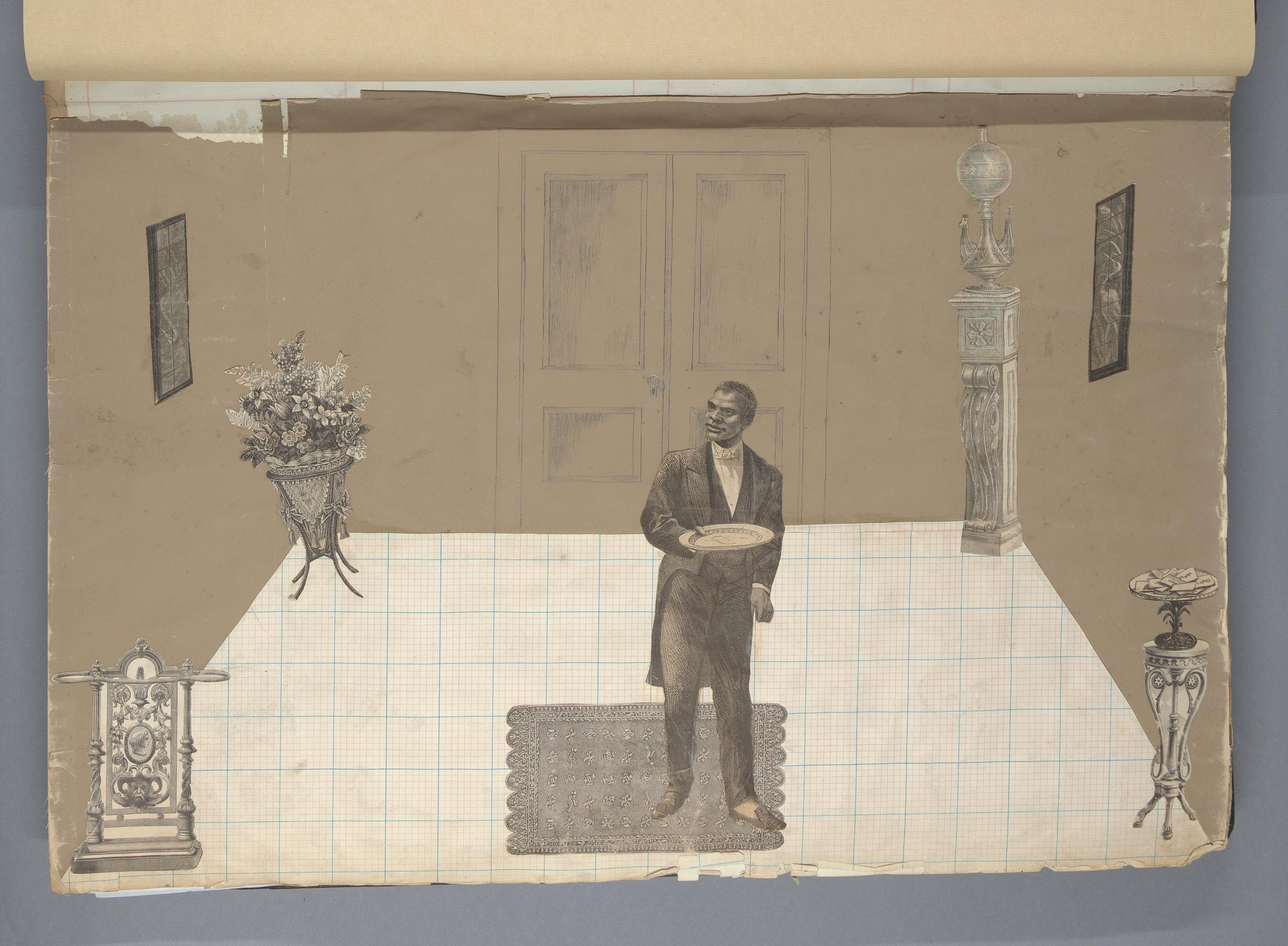 A Black butler in a suit, carrying a tray, in the middle of a beige room.