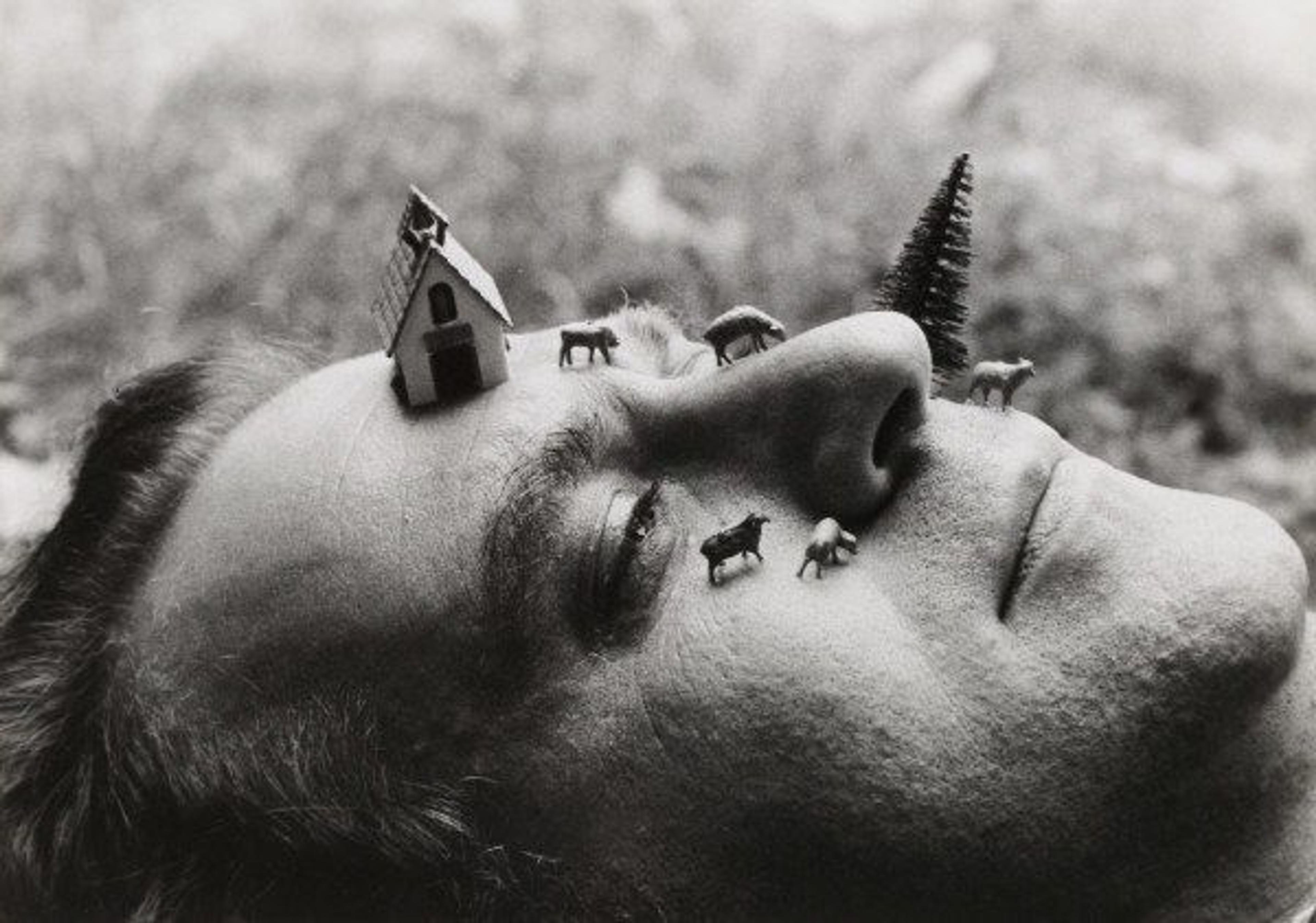 A black and white photograph of a man laying on the ground with a toy house, tree, and farm animals placed on his face.