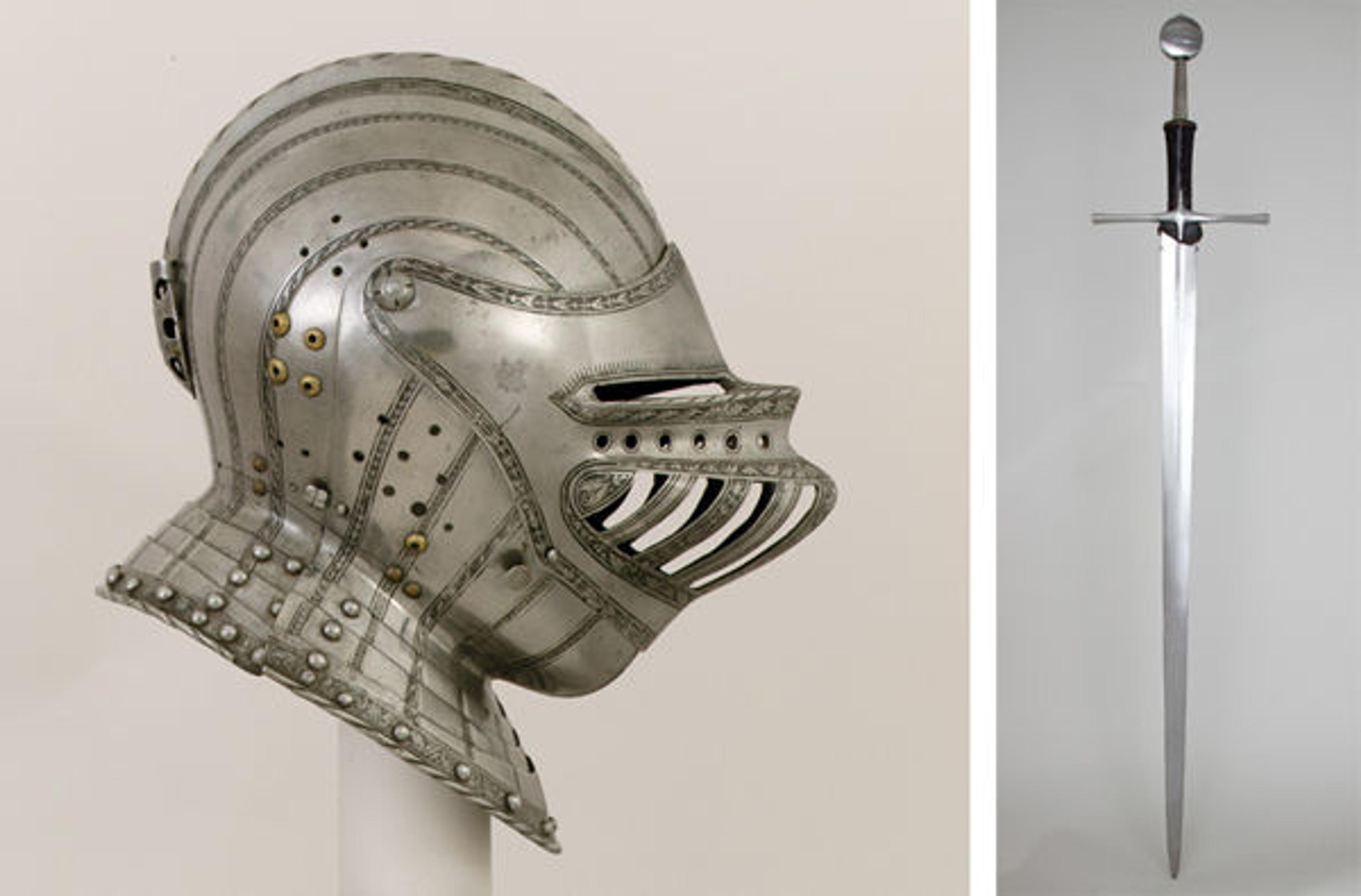 Left: Close Helmet for a Boy. Right: Hand-and-a-Half Sword