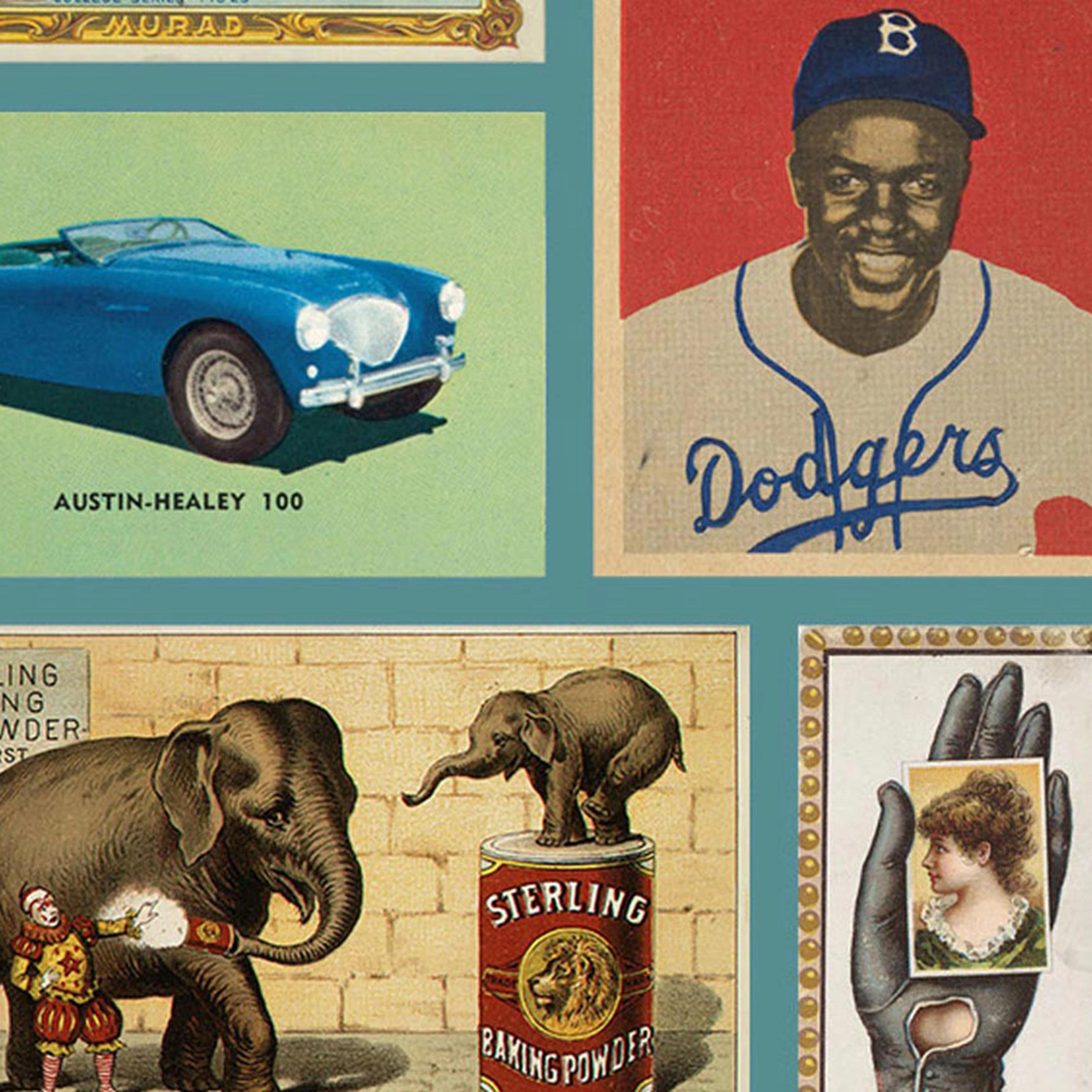 Mosaic of various cards and printed ephemera from the Burdick Collection, including baseball cards, sports figures, and travel/tourism cards