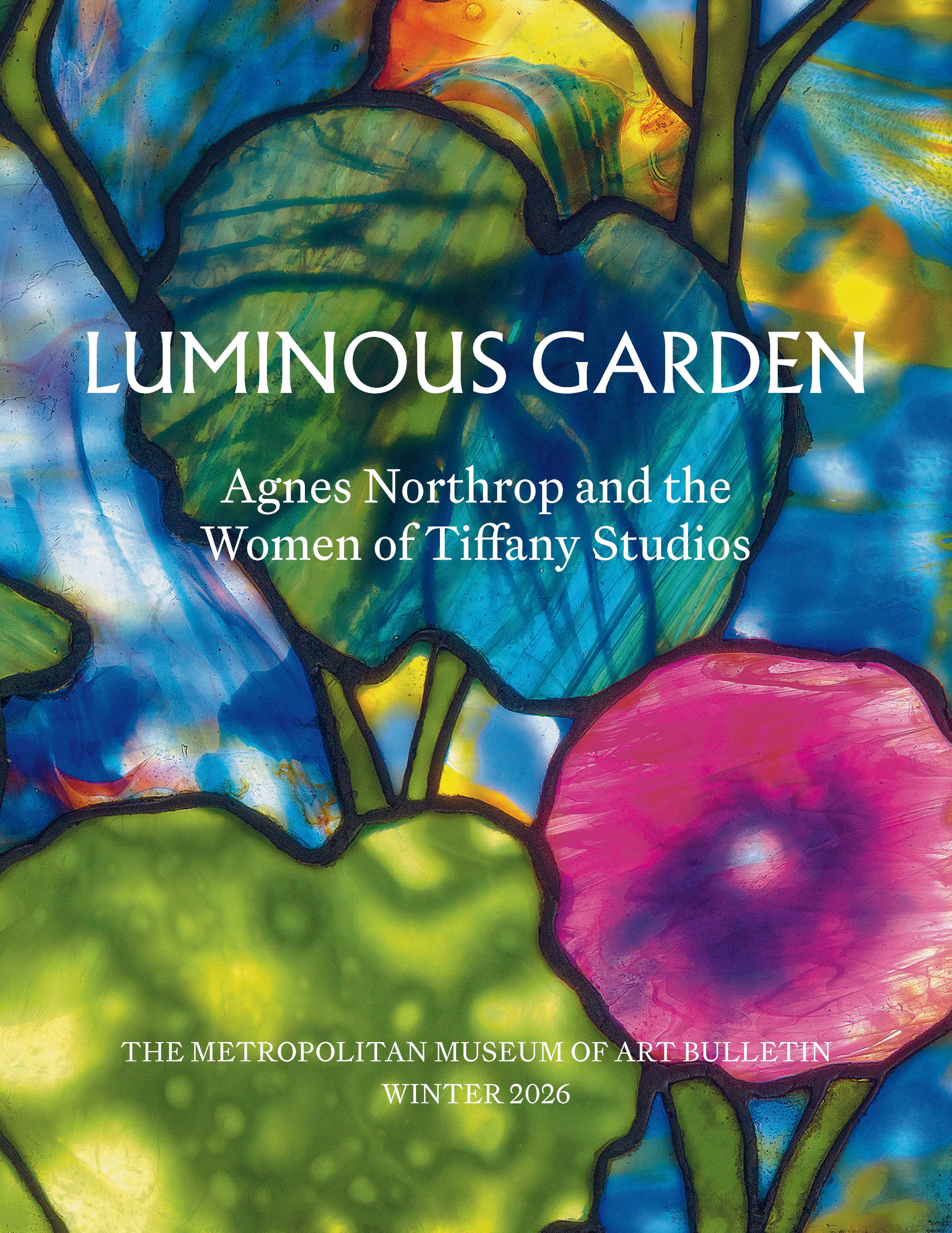 Close-up of 'Garden Landscape' stained glass window with title of the Winter 2026 Bulletin.