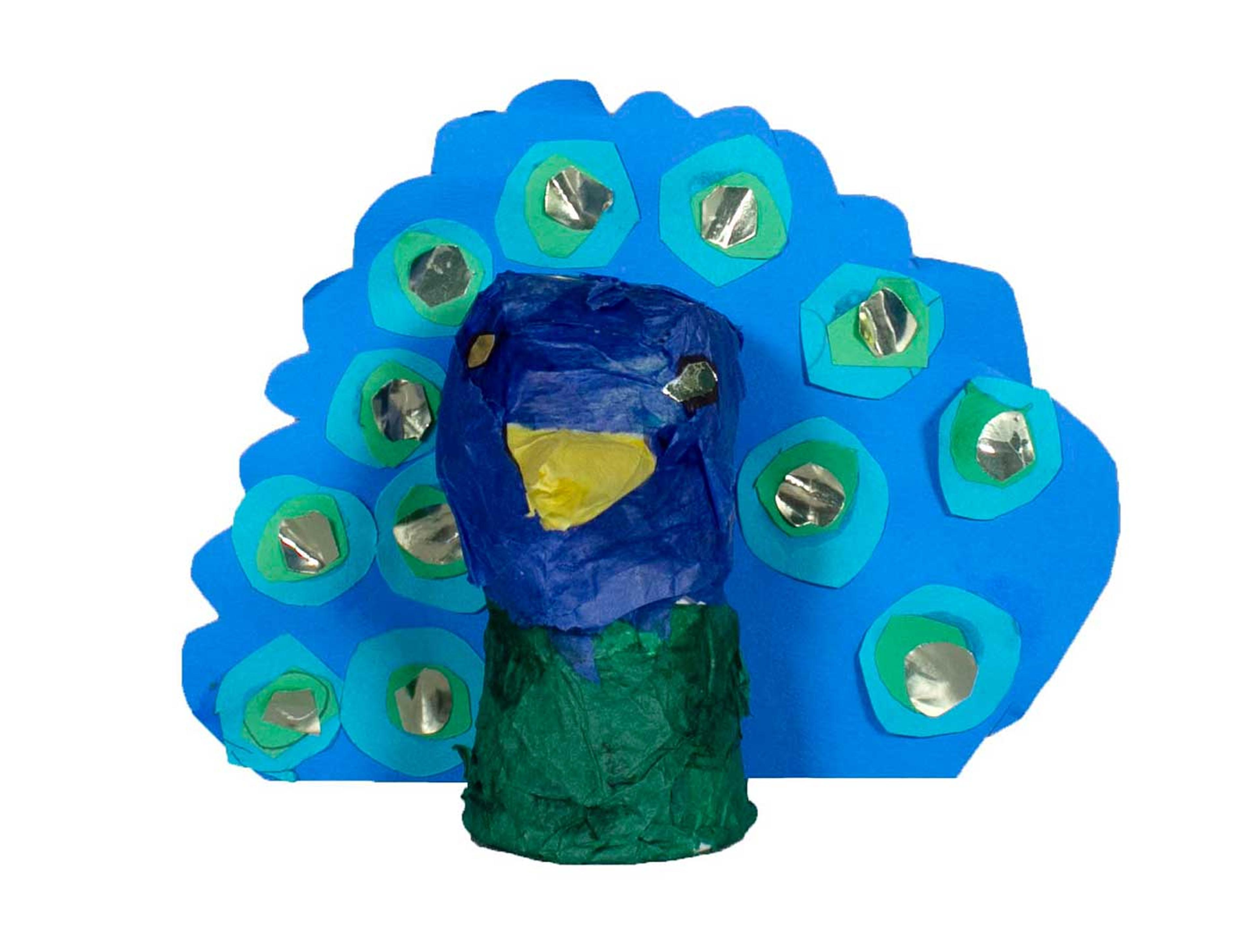 A mixed-media peacock puppet with blue, green, and gold details.