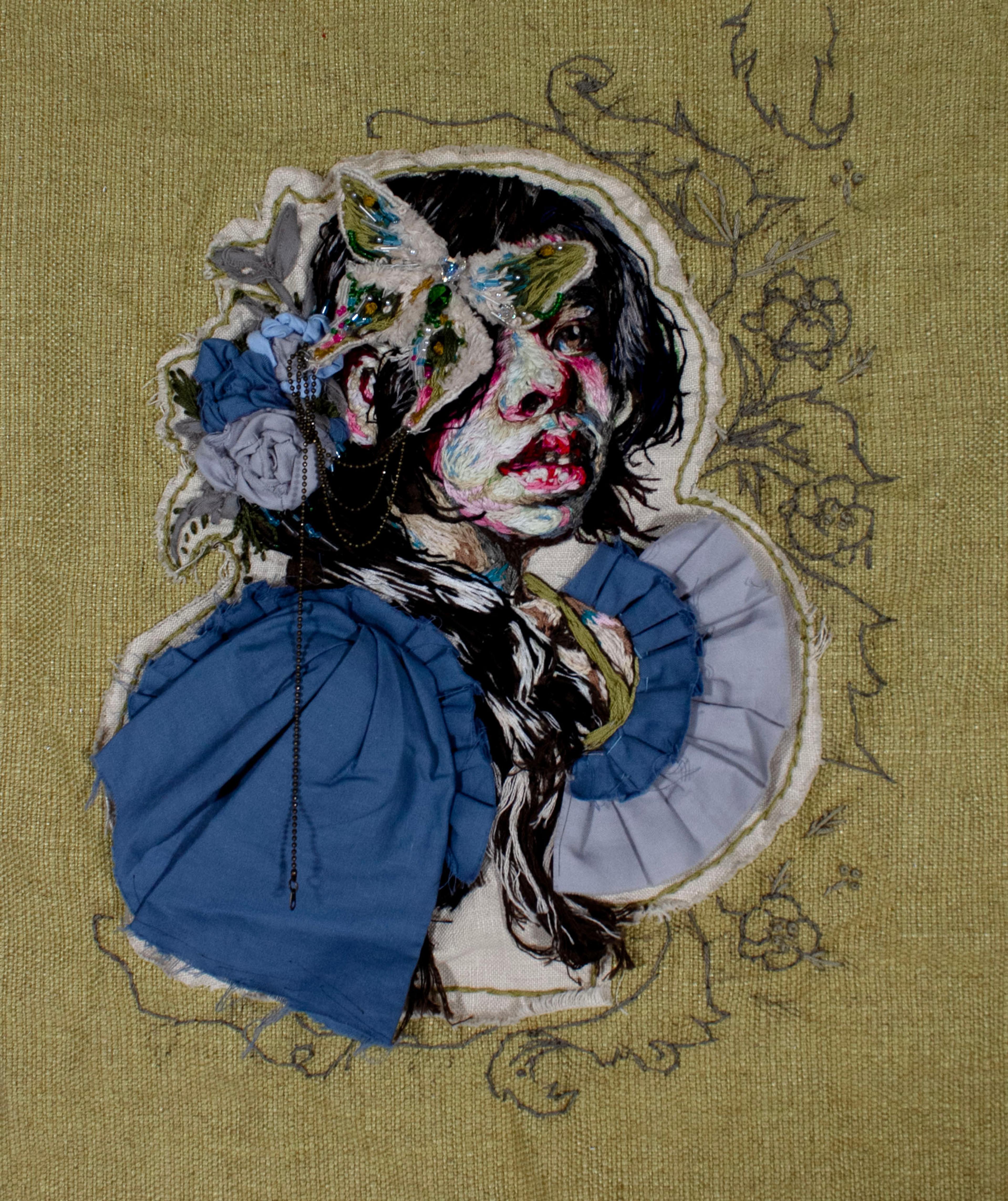 Embroidered head-and-shoulders portrait of a black-haired adolescent girl wearing a blue blouse, looking upward and to the right. A blue bow is tied on the side of her hair, and a white butterfly covers her right eye. A white and blue fanned semicircle of fabric extends to the right of the girl. The portrait sits on brown fabric, and the girl is surrounded by fine black-line floral patterns drawn on the fabric.