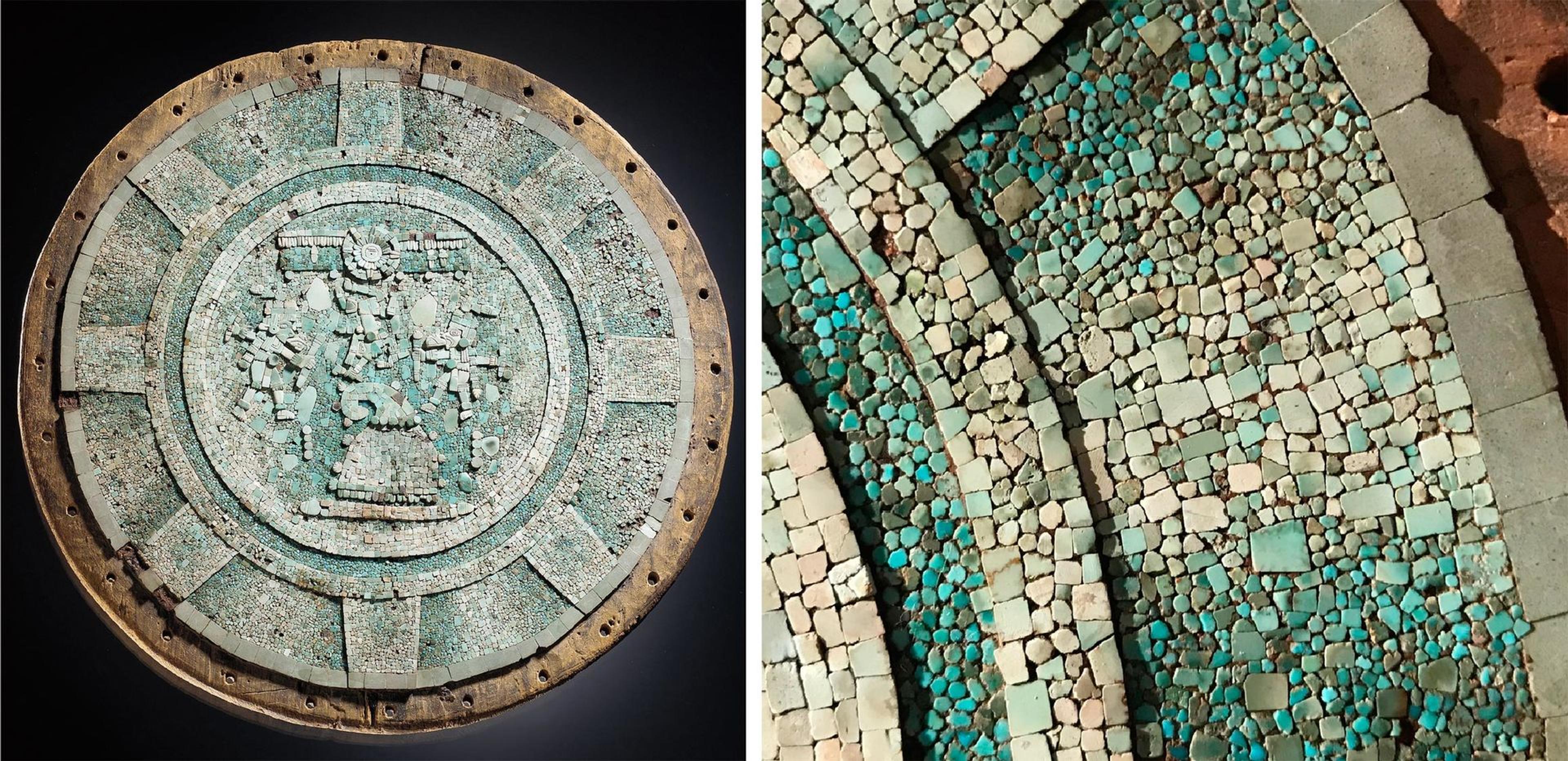 An elaborate shield from the ancient Americas made of turquoise, wood, stone, tree resin