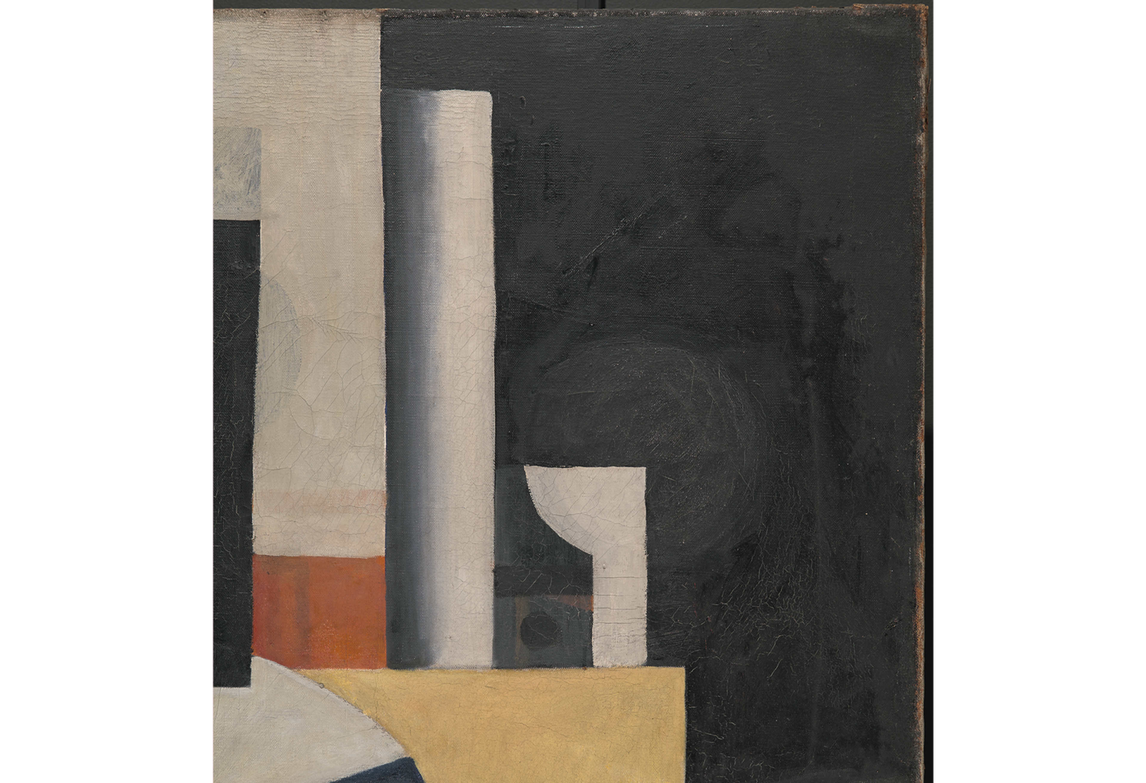 Detail of Léger’s “Composition (The Typographer)” where a large white stem with a circle that has been covered in black