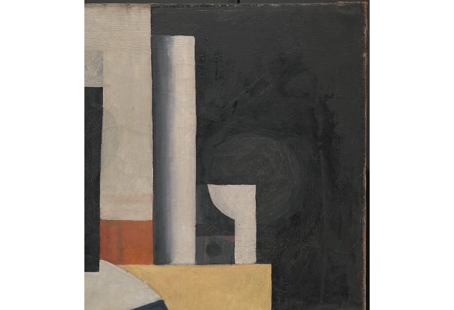 Detail of Léger’s “Composition (The Typographer)” where a large white stem with a circle that has been covered in black