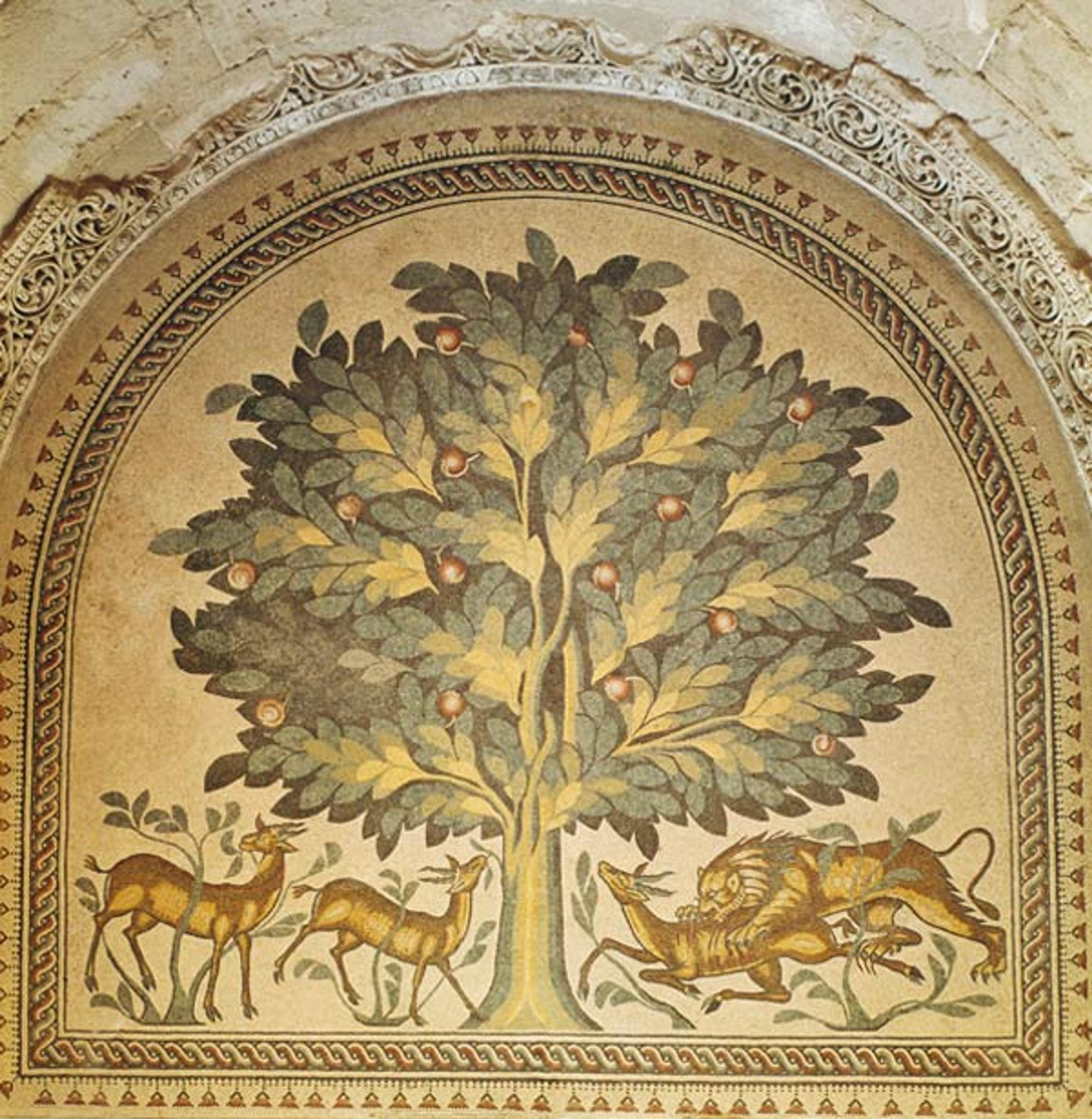 Mosaic pavement with a lion and gazelle