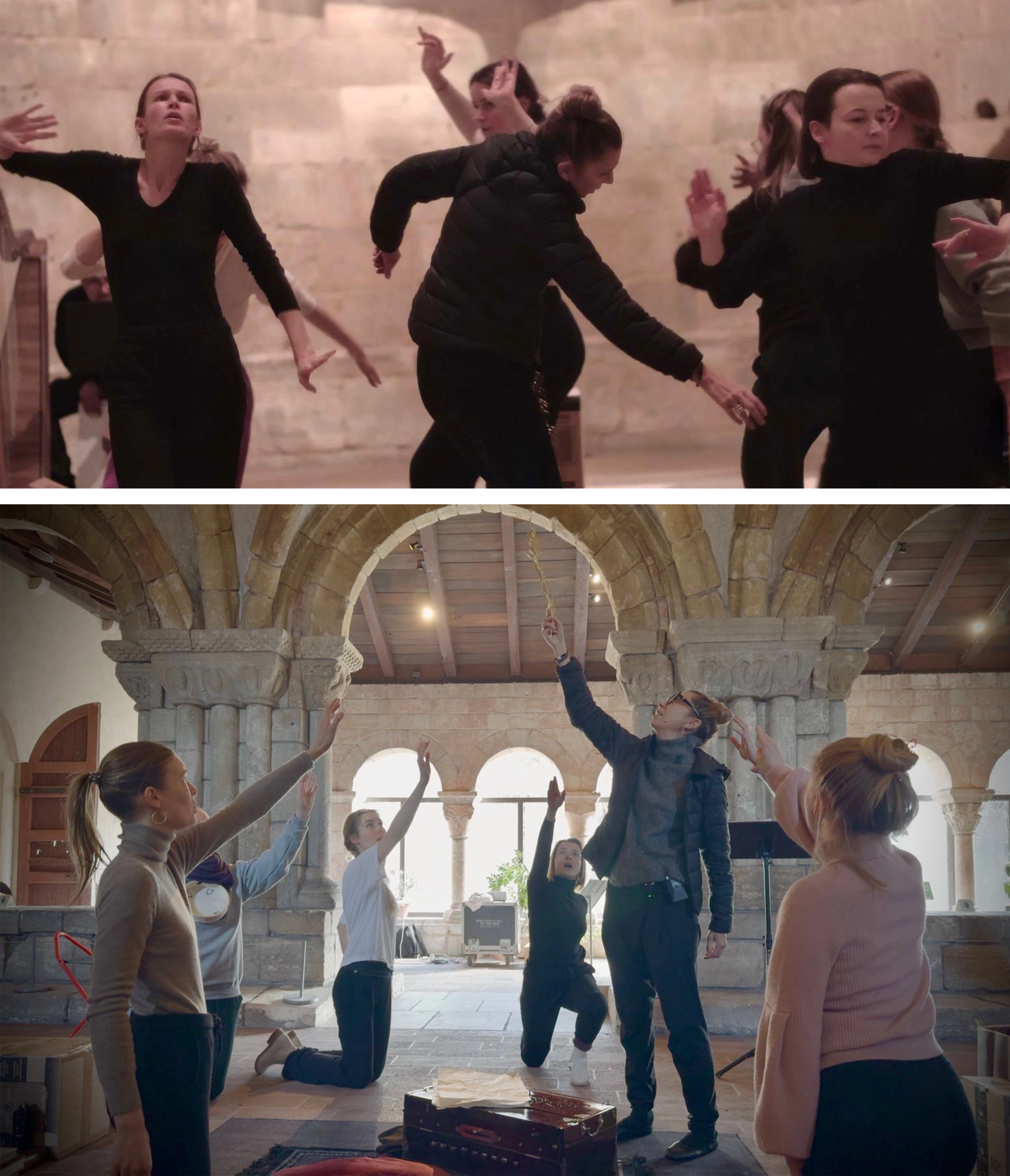 Diptych of dancers in rehearsal at the Cloisters