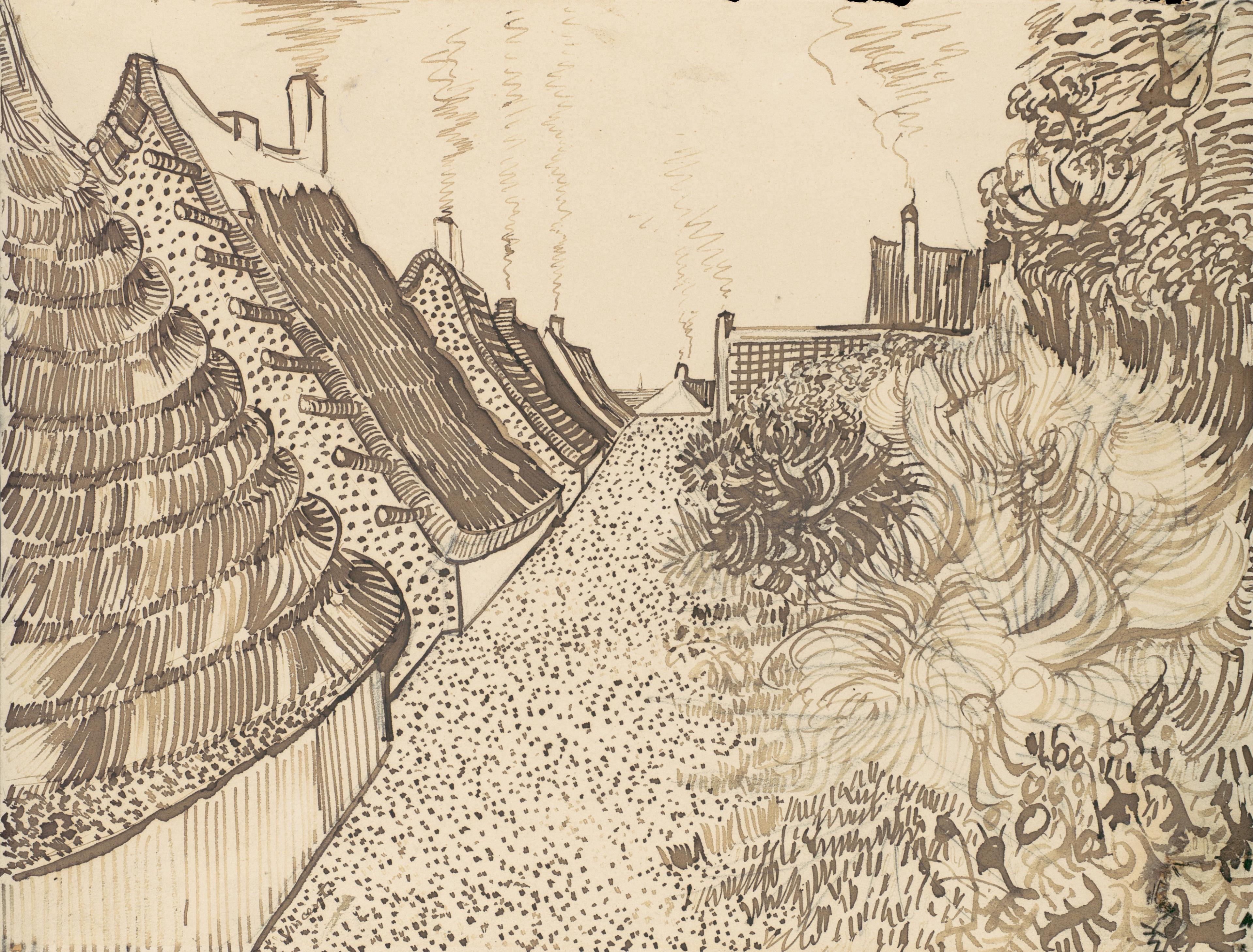 An impressionistic ink drawing of a-frame cottages with smoke coming out of the chimneys on the left side of the frame, and a tangle of bushes on the right.