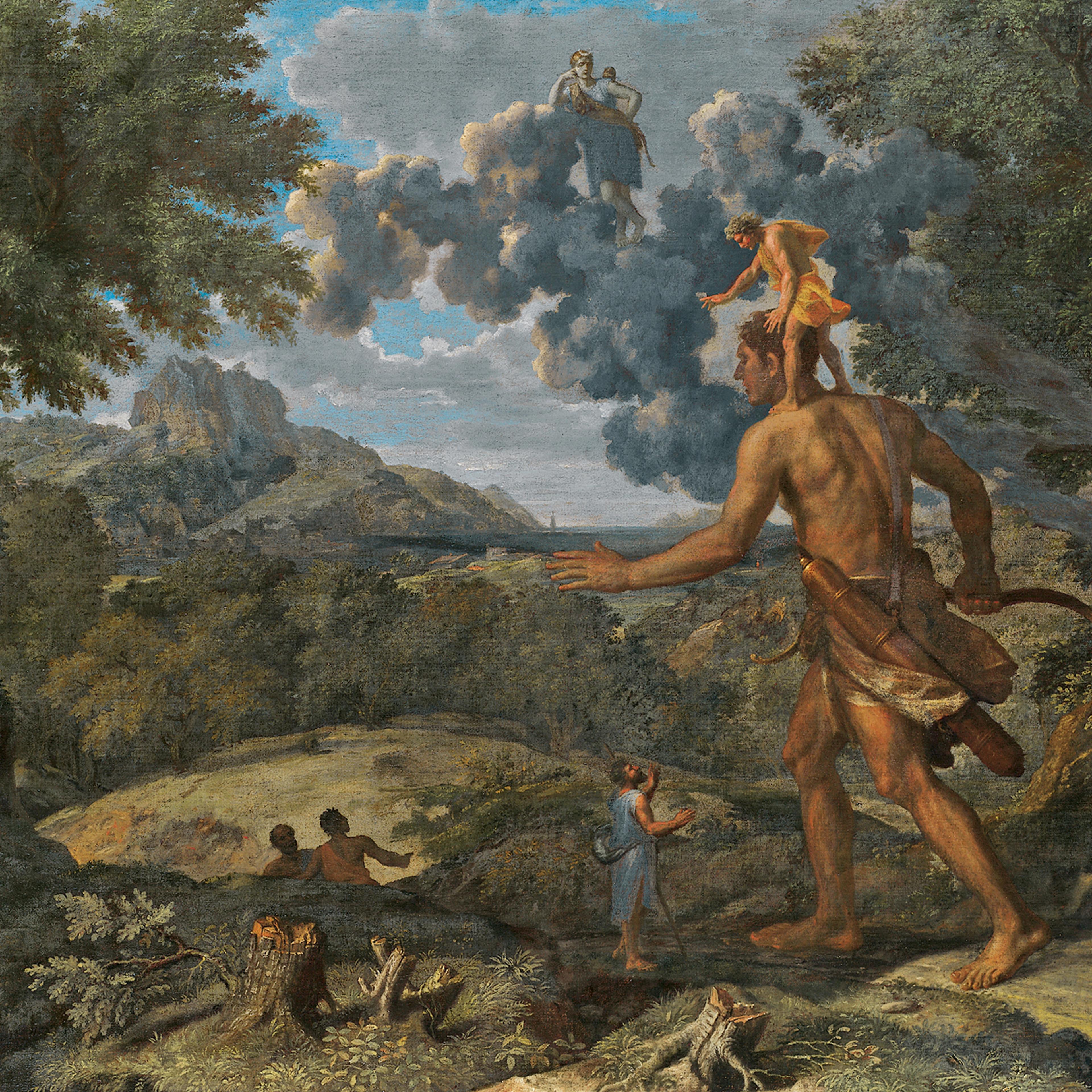 A mythological scene with a giant striding through a lush, mountainous landscape. A small figure stands on his shoulder.