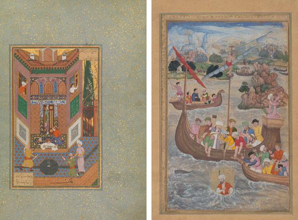 "A Ruffian Spares the Life of a Poor Man," Folio 4v from a Mantiq al-tair (Language of the Birds), ca. 1600. Iran, Isfahan. Islamic. Ink, opaque watercolor, silver, and gold on paper. The Metropolitan Museum of Art, New York, Fletcher Fund, 1963 (63.210.4). On view in Gallery 455. "Alexander is Lowered into the Sea," Folio from a Khamsa (Quintet) of Amir Khusrau Dihlavi, 1597–98. India. Islamic. Ink, watercolor, gold on paper: Gold on dyed paper. The Metropolitan Museum of Art, New York, Gift of Alexander Smith Cochran, 1913 (13.228.27). On view in Gallery 463